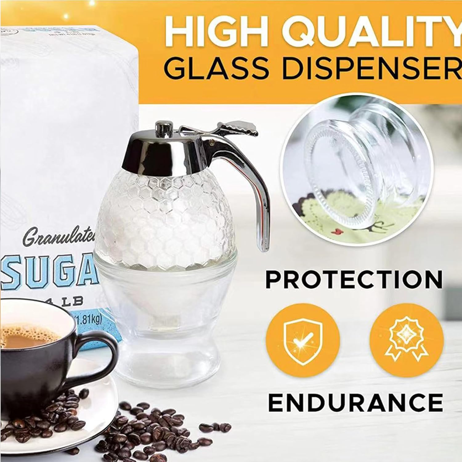 Honey Dispenser,8 Oz Maple Syrup Dispenser,Honey Pot with Stand,Press Type Clear Honey Container,Honey Comb Shaped for Home Kitchen image number 1