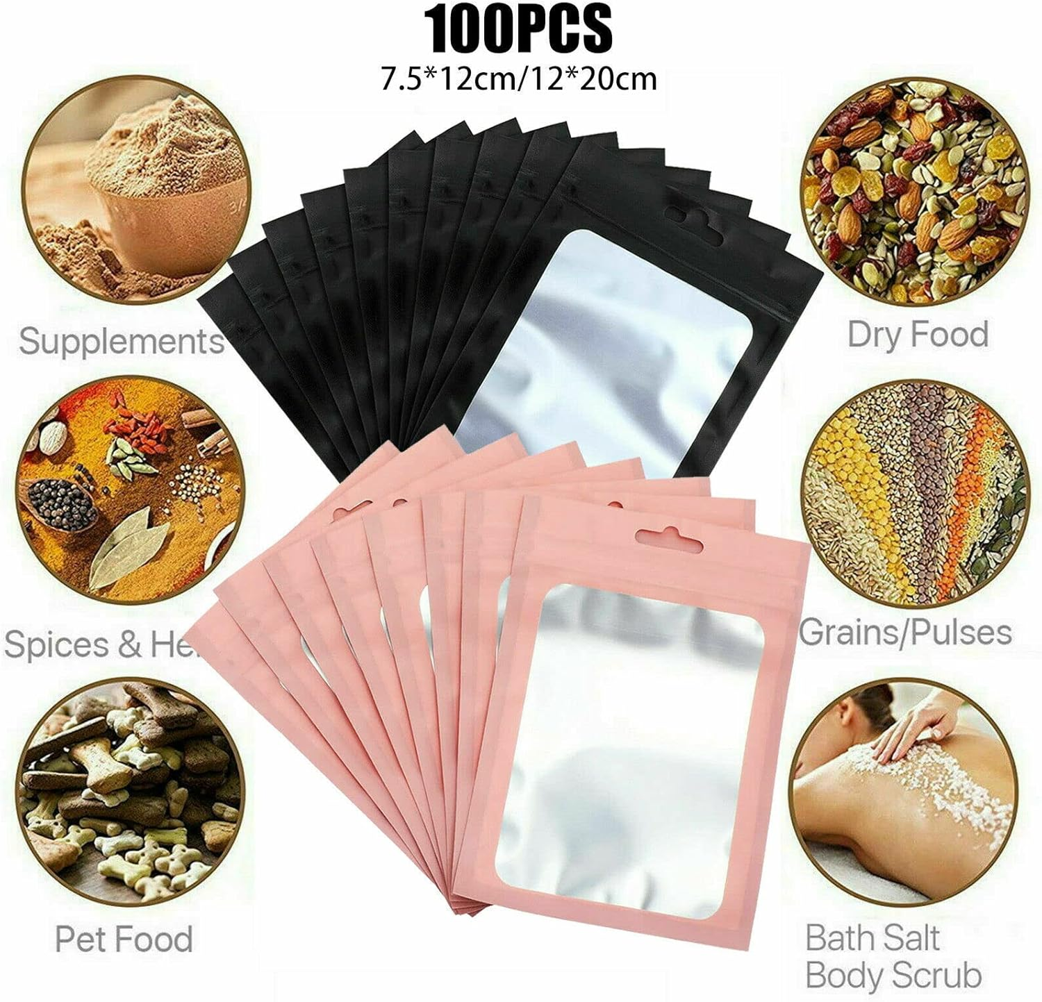100Pcs Matte Shiny Zip Seal Mylar Bags Aluminum Foil Resealable Pouch (Black - 12 * 20Cm) - Black (12*20Cm) image number 4