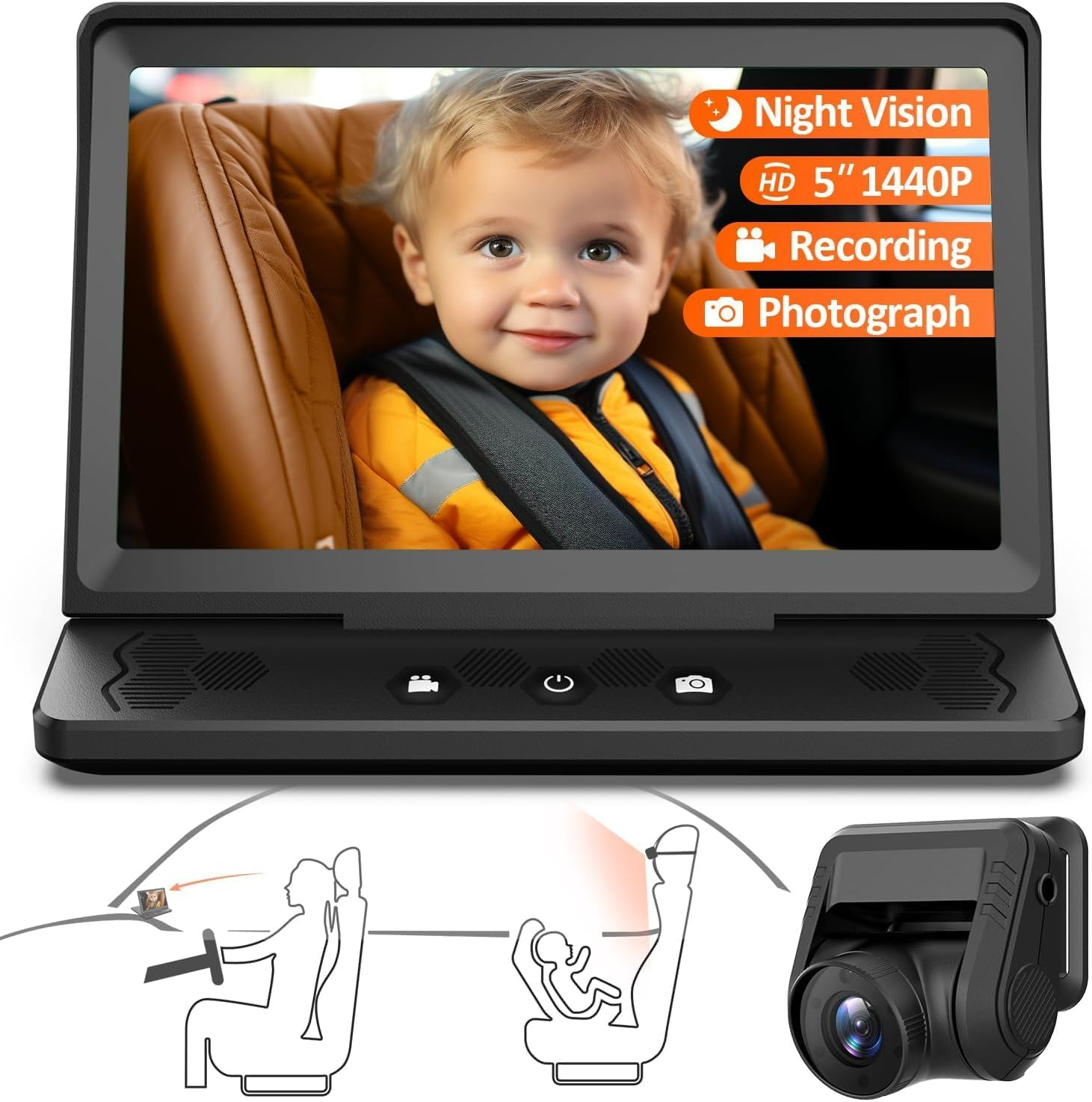 7&rdquo; Baby Car Camera HD 1440P Recording, 5&rdquo; Screen Baby Car Monitor with Full-Color Night Vision Camera, Infant Safety Baby Car Mirror Rear Facing for Backseat, Wide Clear View, Easy Installation image number 3