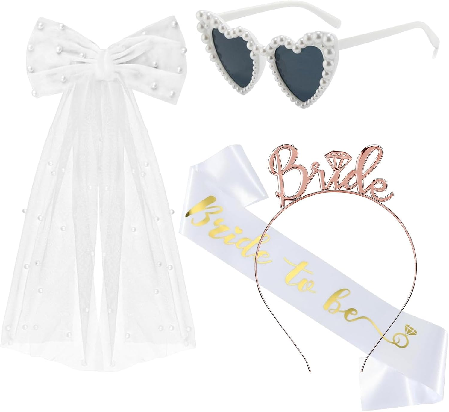 AXERHK Pack of 4 Bride Wedding Accessories, Bride Beaded Headband Bride Headband Heart Sunglasses Heart Glasses Stag Night Women Bride to Be Accessories Bridal Bachelorette Party Decoration image number 3