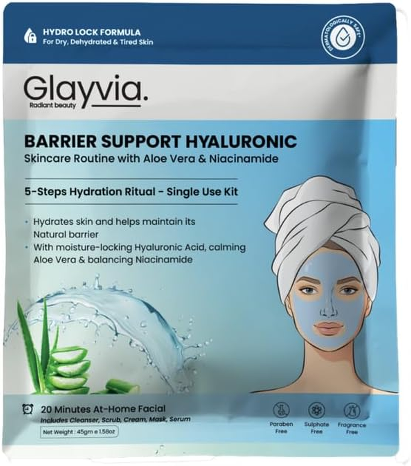 Glayvia Hyaluronic Skincare Routine Kit &ndash; 5-Step Single-Use Hydration Routine | Hyaluronic Acid + Niacinamide + Aloe | Fragrance Free, Parabens Free & Sulphate Free | 20-Minute At-Home Facial image number 3