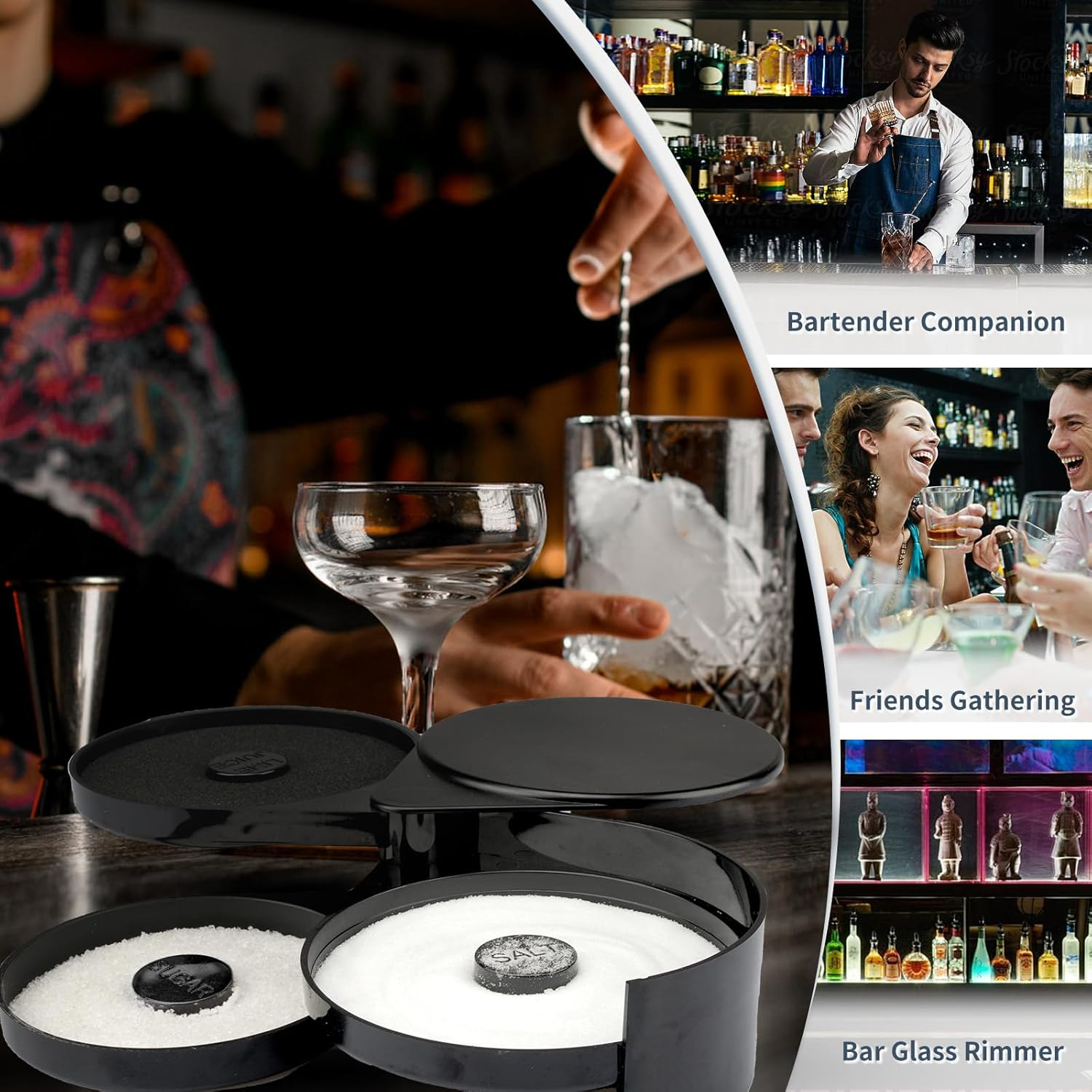 Tonjin Margarita Salt Rimmer Set, 1 Pack 3 Tier Bar Glass Rimmer Black Plastic Sugar and Salt Rimmer Box with Sponge for Cocktail Bartender Tool image number 5