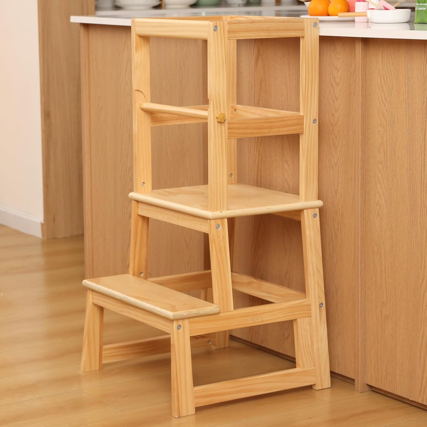 Kitchen Step Stool for Kids with Safety Rail,Toddler Standing Tower for Kitchen Counter, Baby Montessori Stool,Solid Wood Construction,Natural image number 4