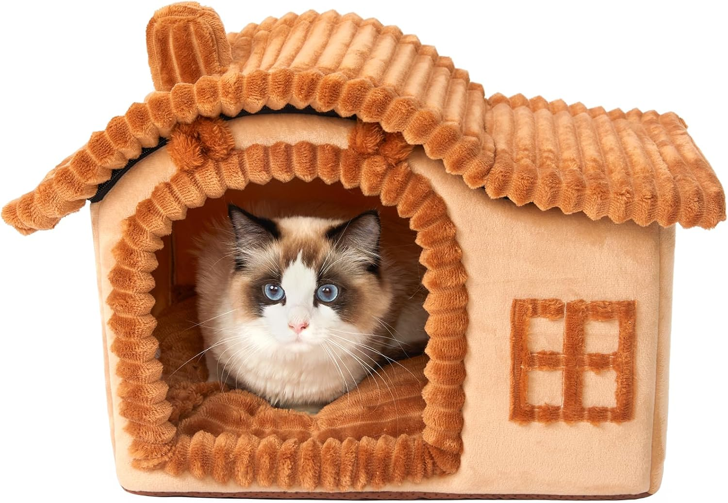 Jiupety Bear Cat Houses for Indoor Cats, Chimney Cute Cat Bed Cave, Enough Interior Space, Cartoon Soft Pet House up to 3-7 Lbs Kitten, Brown