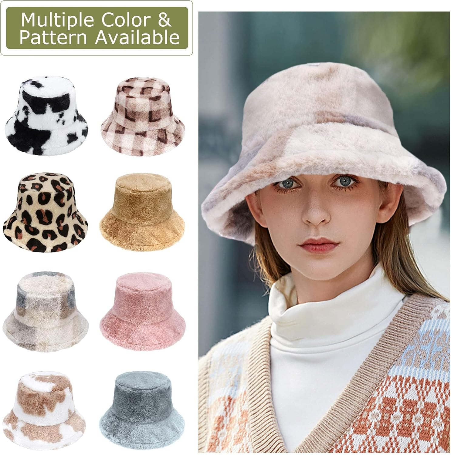 Hebenie Winter Bucket Hat - Women Fluffy Fisherman Hat Soft Faux Winter Fuzzy Furry Warm Thicken Wide Brim Plush Hat for Women Girls - Grey image number 3