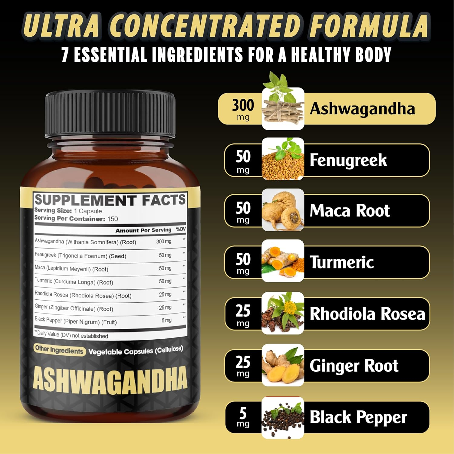 Ashwagandha Extract Capsules - 7In1 with Fenugreek, Maca, Turmeric, Rhodiola, Ginger & Black Pepper - 8050Mg Equivalent - 5 Month Supply.