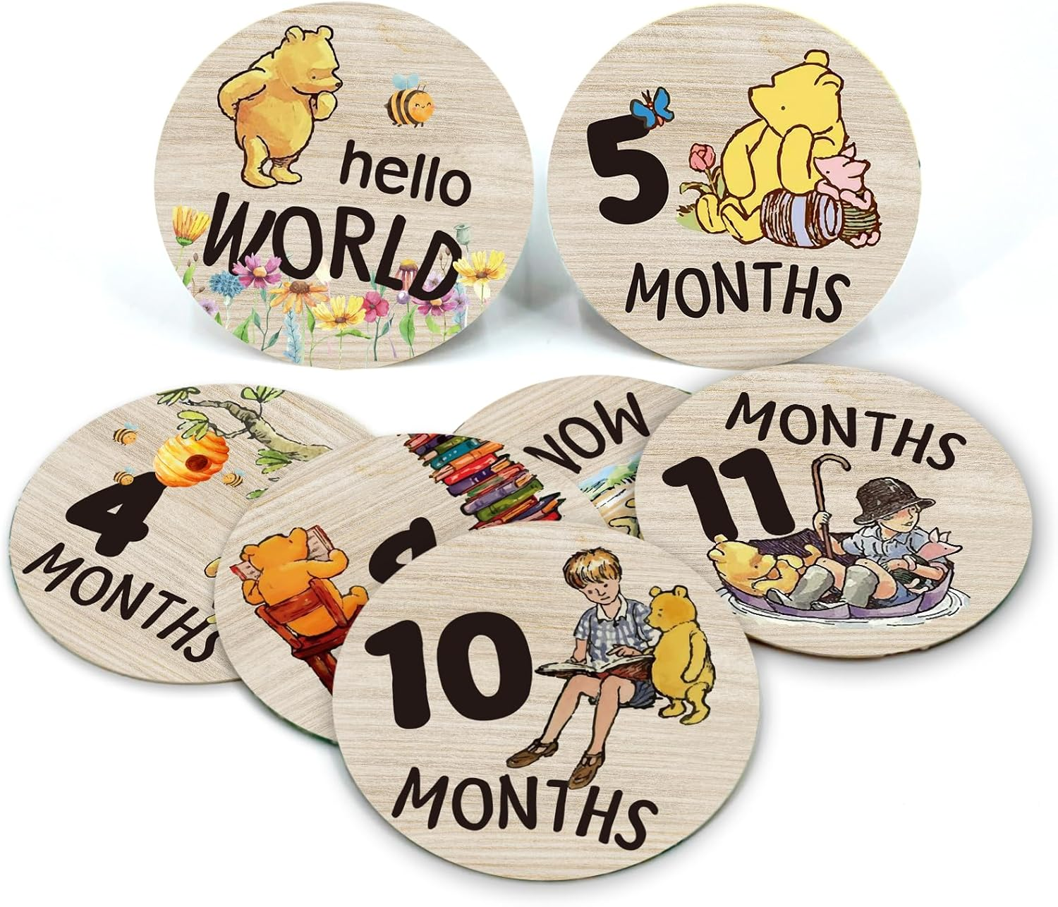 The Winnie Baby Bear Month Milestone Circles, Wooden Discs Stuff for Baby Photo Takens with Hello World Name Signs - 7Pcs Double Sided Signs for Documenting Growth image number 2