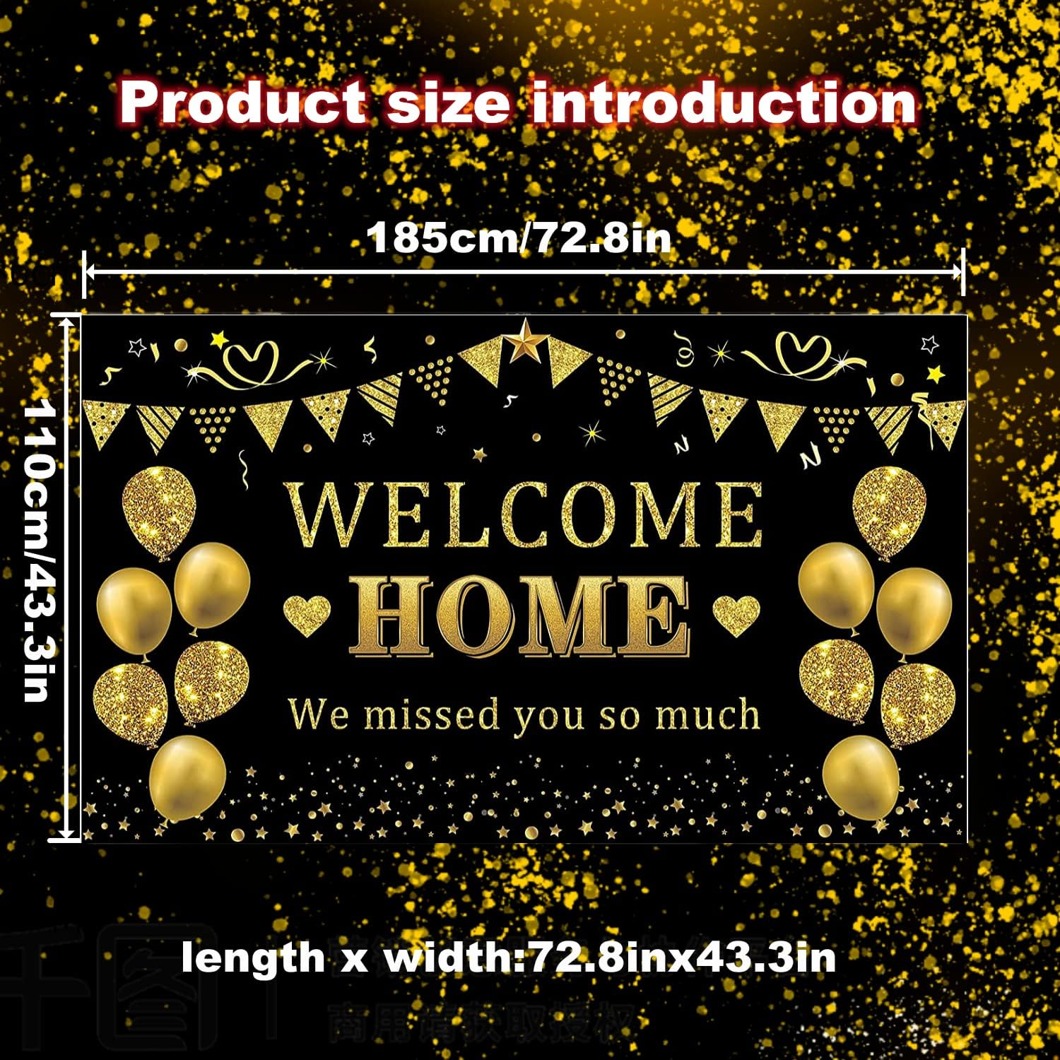 Yuanbigtai Welcome Home Banner Decorations, Black Gold Welcome Home Backdrop, We Missed You so Much Party Decor, Family Reunion Patriotic Military Homecoming Returning Party Supplies 70.8 X 43.3 Inch image number 1