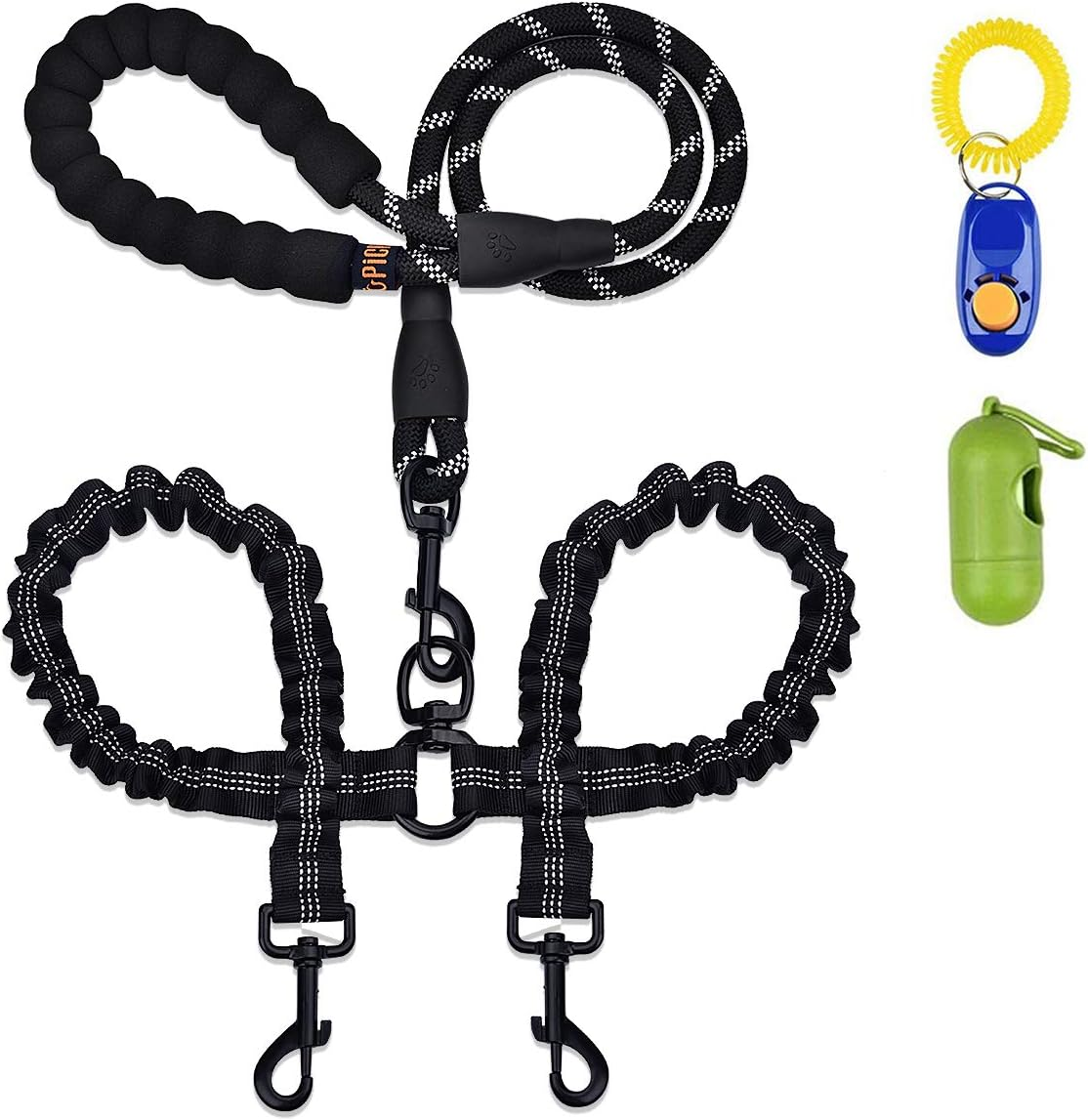 U-Pick Dual Dog Leash, Double Dog Leash, 360 Swivel No Tangle Double Dog Walking Training Leash, Comfortable Shock Absorbing Reflective Bungee for Two Dogs, Black, Medium Large image number 6