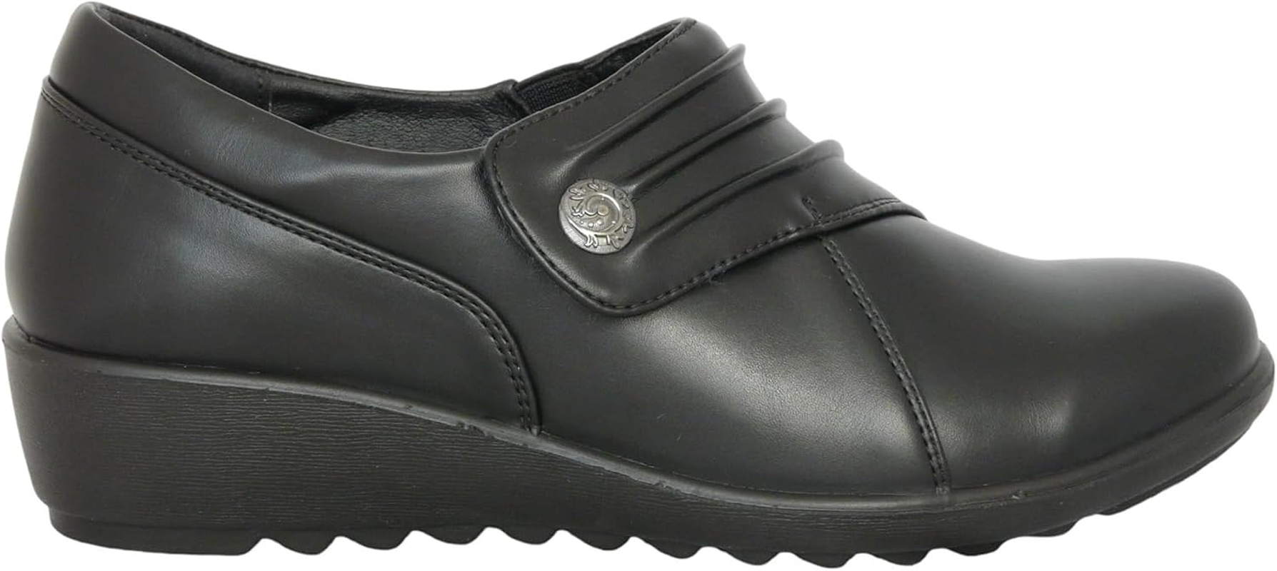 Cushion Walk Wide Fitting EEE Fit Black Shoes Women'S Ladies Lightweight Faux Leather Slip-On Flat Shoes, Flats, Casual Work Office Comfort Shoes, with Button Detail image number 5