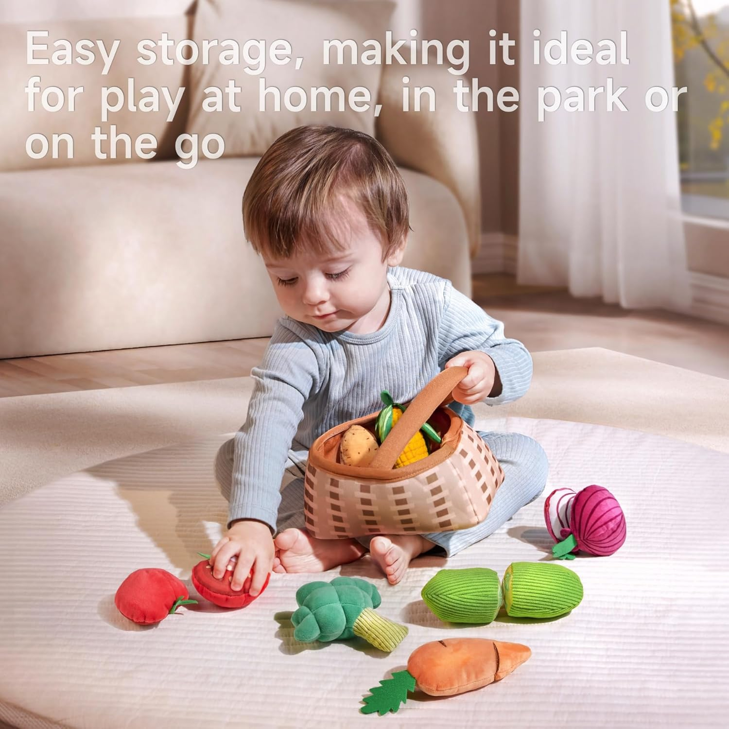 TUMAMA Baby Plush Veggie Basket Stuffed Vegetable Play Set Toys, Pretend Play Kitchen Food Sensory Educational Toys for Toddler 0M+ Months image number 2