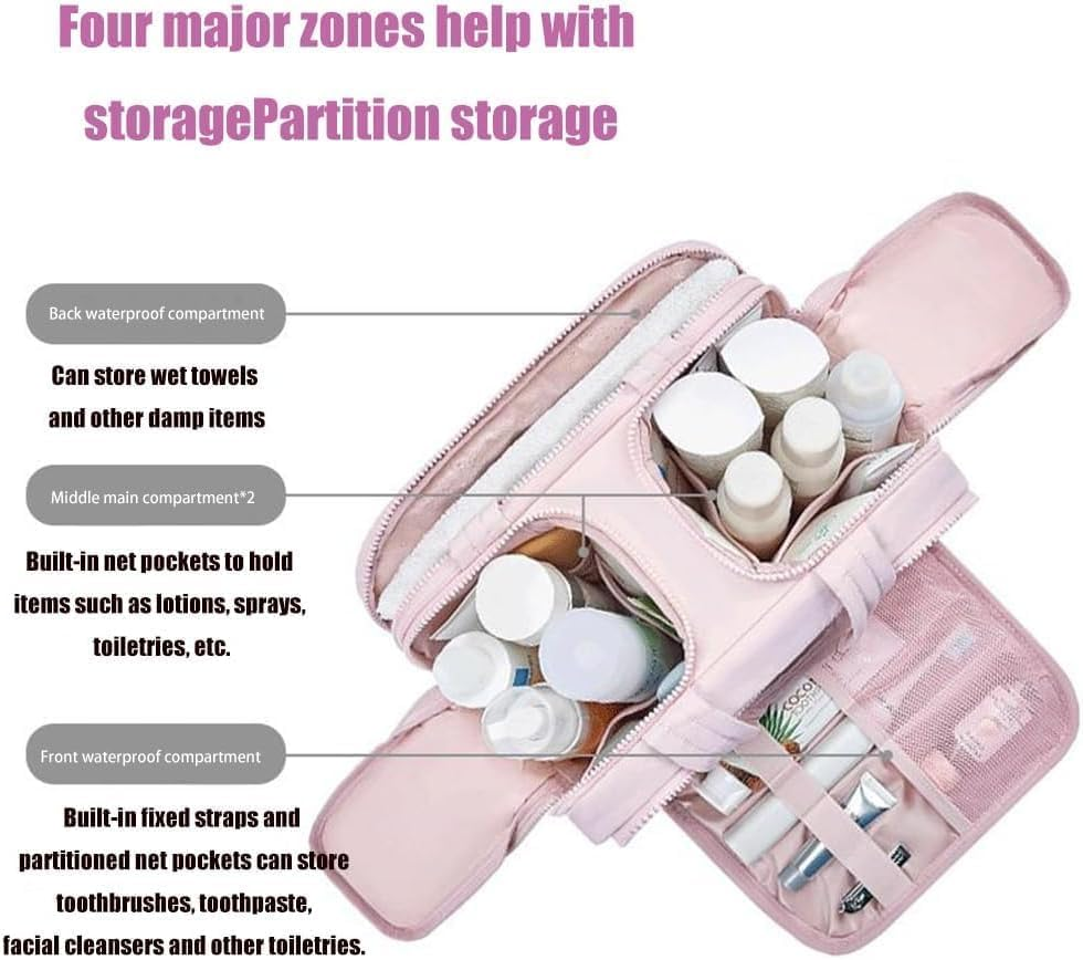 Travel Cosmetic Bag - Large Capacity Wide-Open Toiletry Bag for Women | Waterproof & Lightweight 4-In-1 Multi-Functional Organizer (Sweet Pink) - Cream image number 3