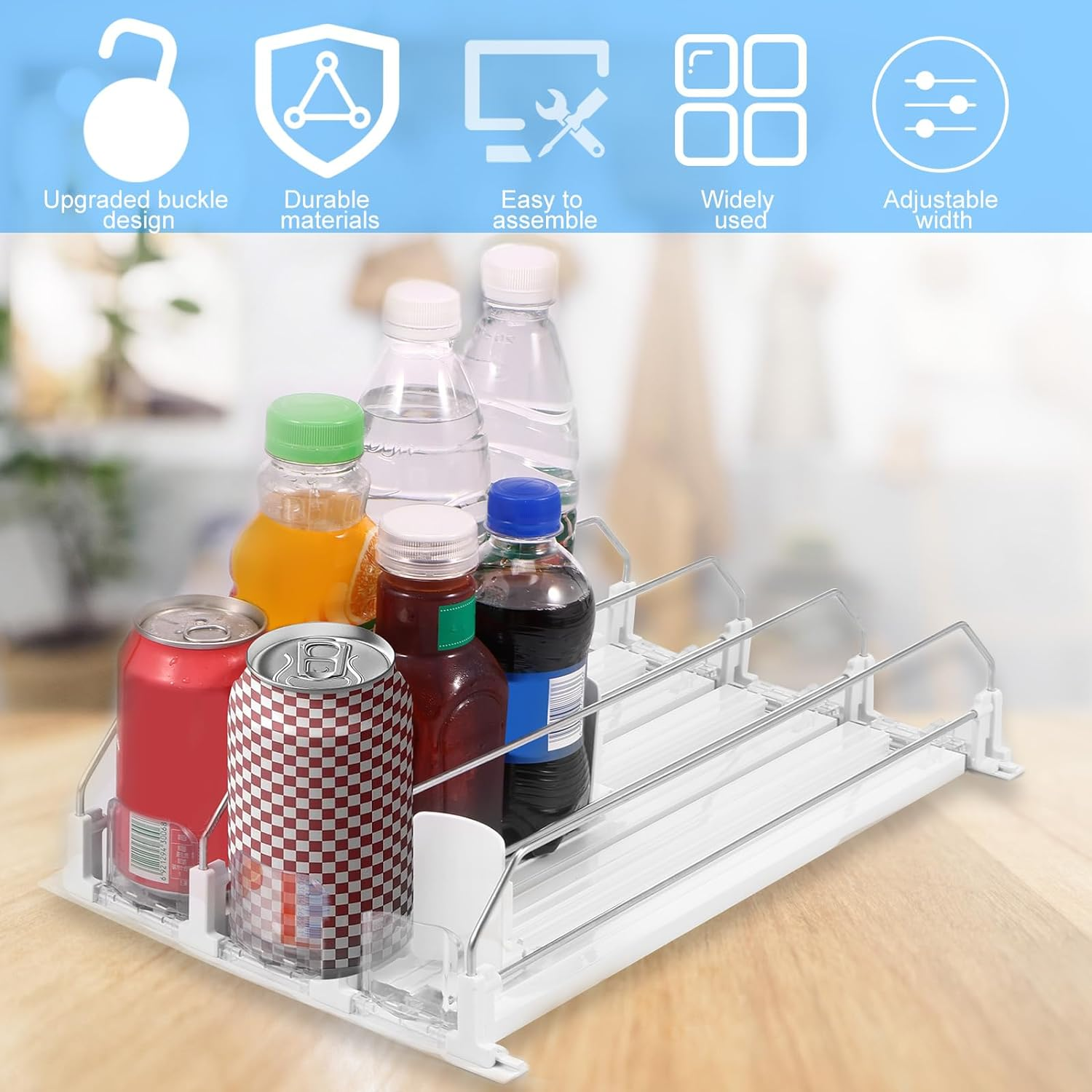 Drink Organizer for Fridge, Self-Sliding Soda Can Dispenser for Refrigerator, Adjustable Width Beverage Self-Pushing Glide Rack, Automatic Soda Seltzer Drink Pop Can Organizer Holds up to 25+ Cans (A) - C image number 7