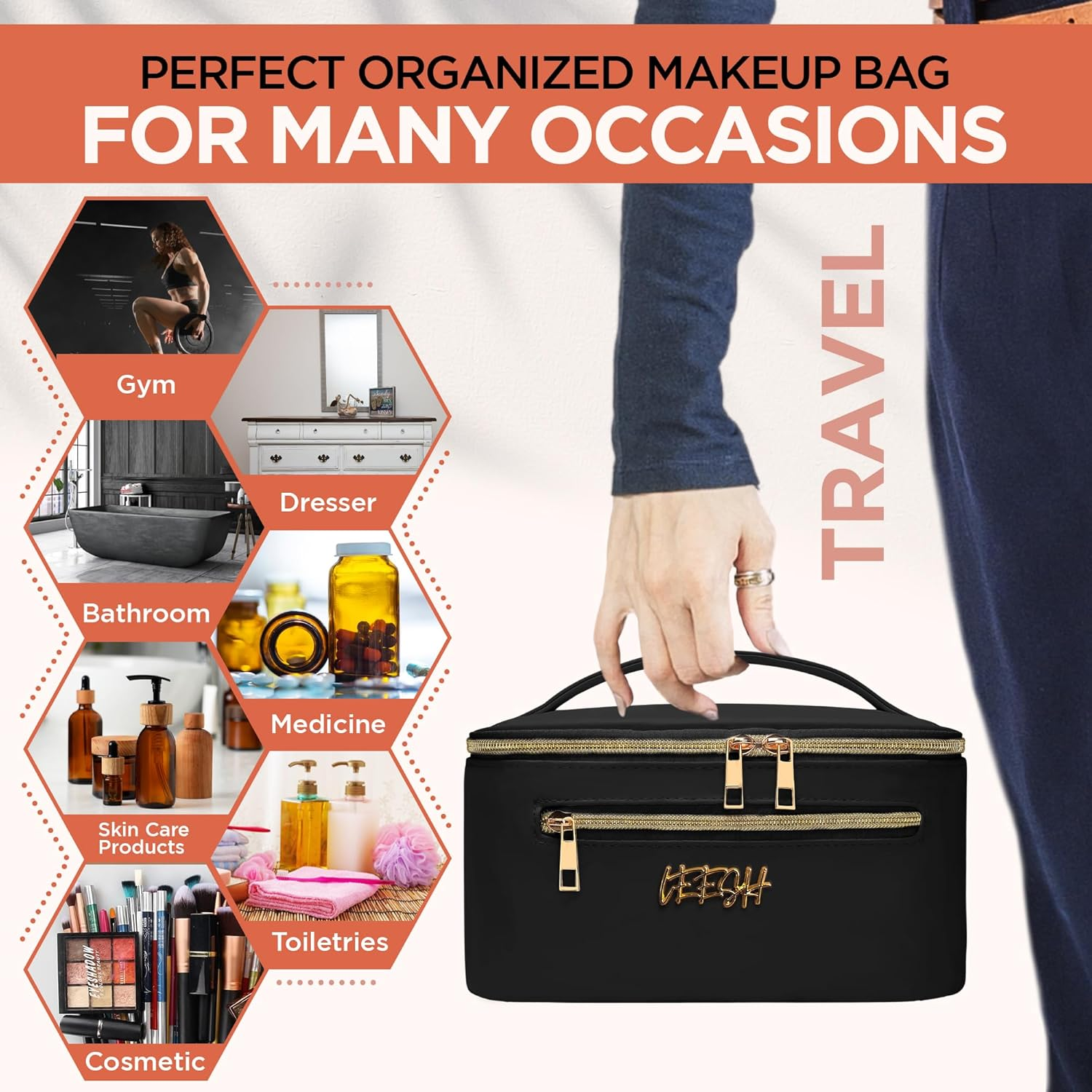 Leesh & CO Makeup Bag - Large Travel Cosmetic Organizer with Brush Holders for Women - Eco-Friendly Vegan Leather, Waterproof & Durable Cosmetics Bag - Perfect for Toiletries, Beauty Products (Black) image number 4