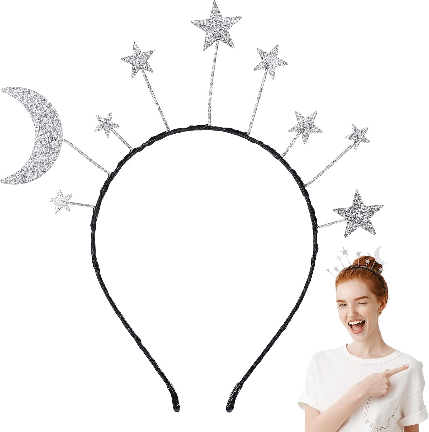 Headband Stars, Glitter Stars Moon Headbands, Silver Glitter Star and Moon Hair Accessories, Metal Glitter Princess Star Headband for Christmas, Carnival, Birthday Party image number 1