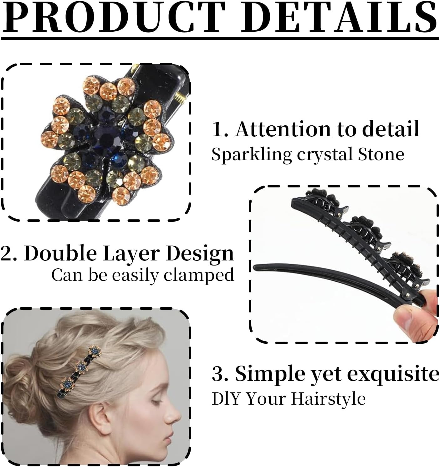 Pack of 4 Crystal Hair Clips Women - Flower Hair Clips, Five Leaf Clover Hair Accessories, French Hairpin, Flower Clip for Updo & Bridal Jewellery image number 4
