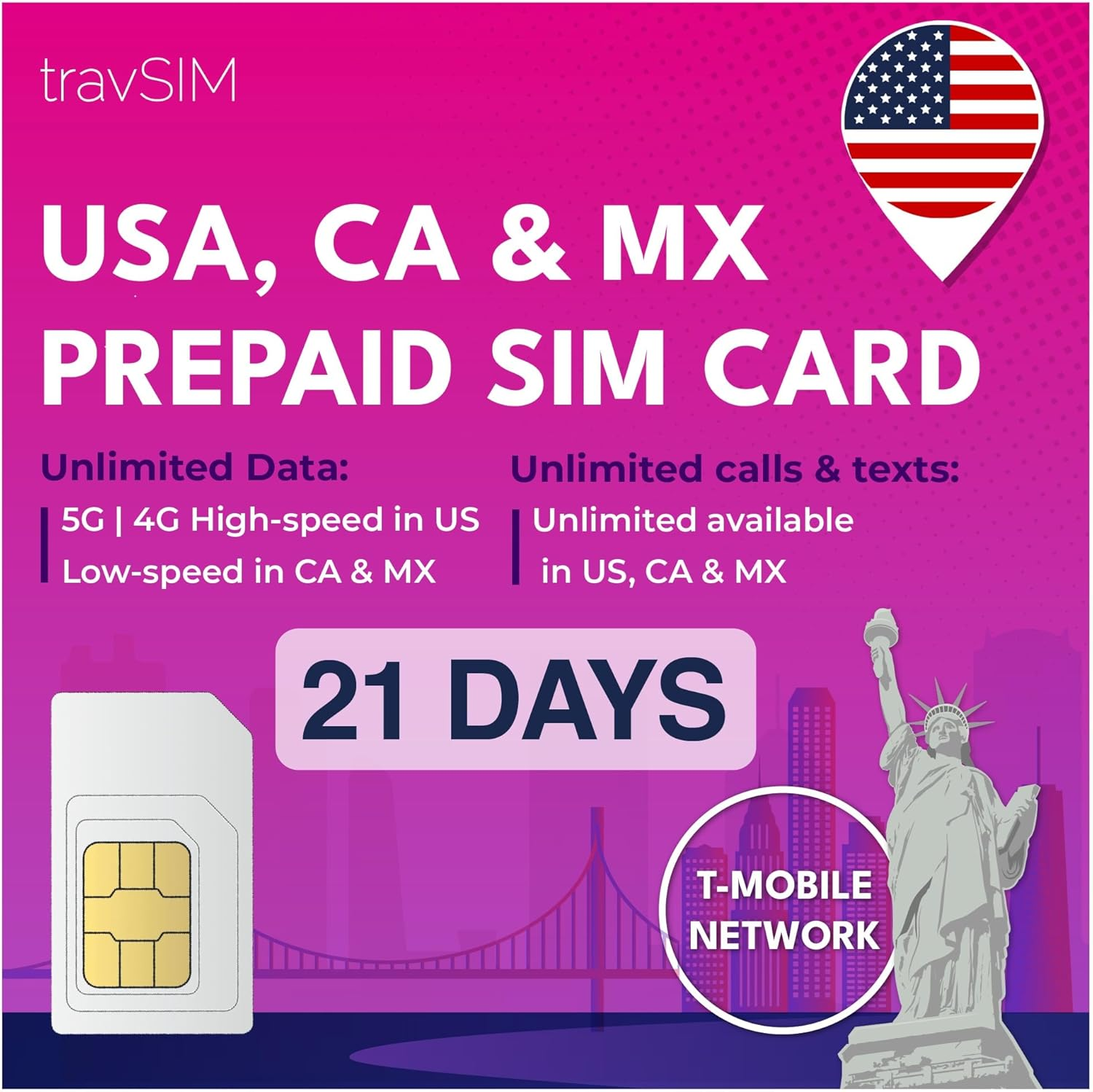 Travsim Prepaid North America SIM Card | 50GB Mobile Data for the USA, 5GB for Canada and Mexico with 4G/5G Speed | Unlimited National Calls and SMS | Valid for 21 Days image number 2
