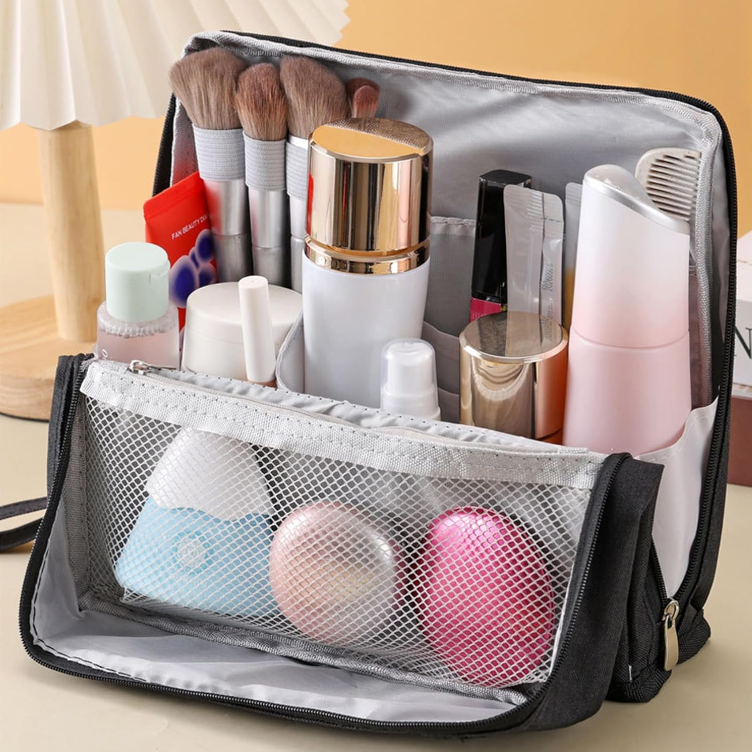 Standing Makeup Bag Portable, Large Capacity, Multi-Purpose Large Capacity Oxford Cloth Stand up Makeup Bag, Doresty Standing Waterproof Toiletry Bag with Compartments (Black) - Blue image number 4