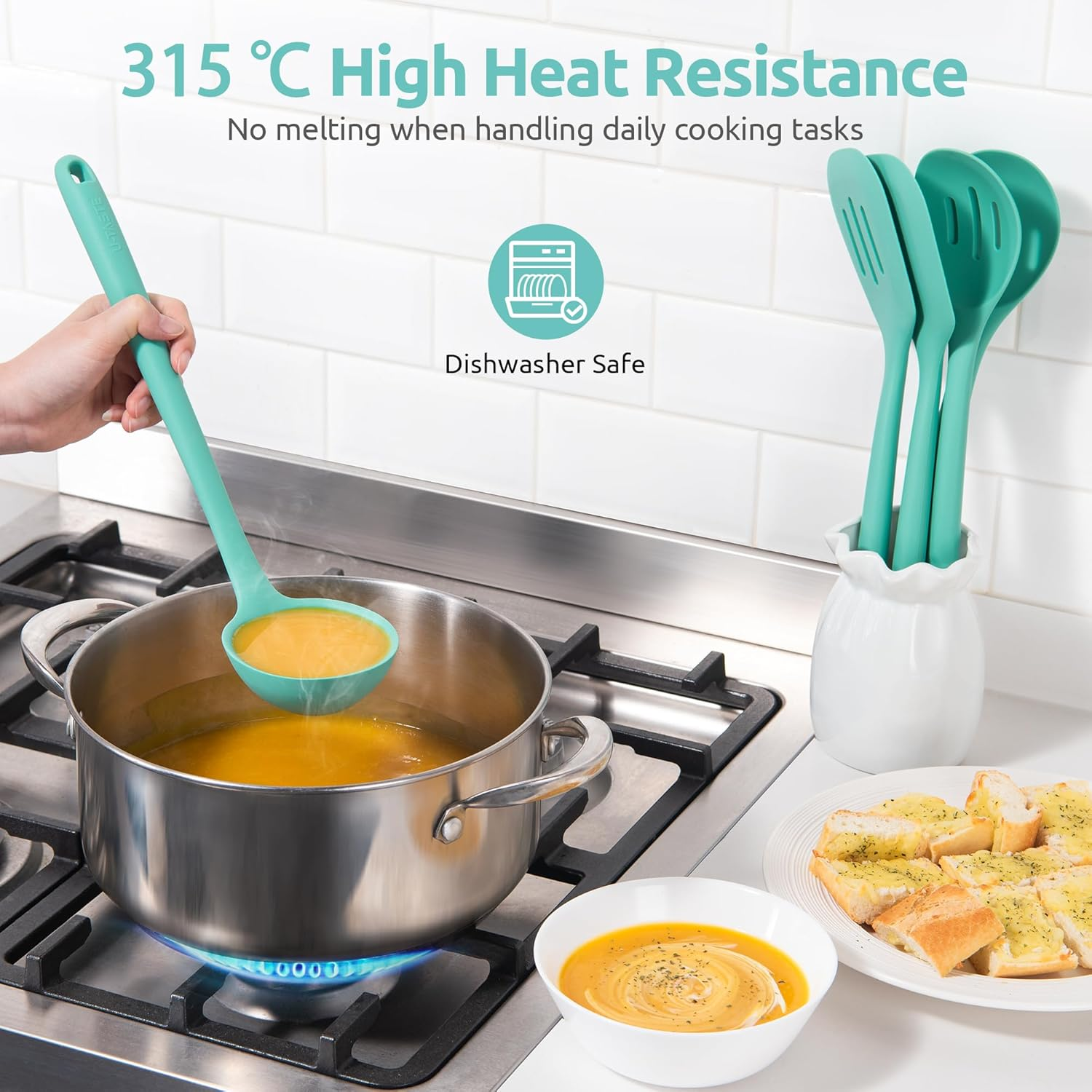 Long Silicone Cooking Utensil Set - U-Taste 315℃ Heat Resistant Kitchen Accessories, Bpa-Free Non-Scratch Solid & Slotted Turner and Spoon, Soup Ladle for Non-Stick Cookware (5 PCS, Aqua Sky) - Black image number 4