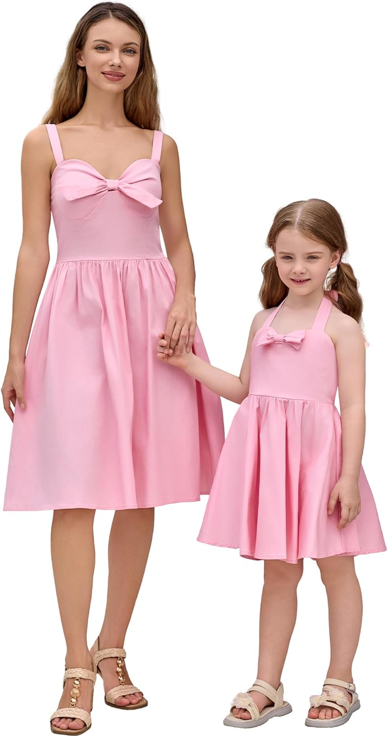 AWIBMK Mommy and Me Vintage Dress Bowknot Sweetheart Neck Smocked Back A-Line Mother Daughter Tea Party Holiday Dresses