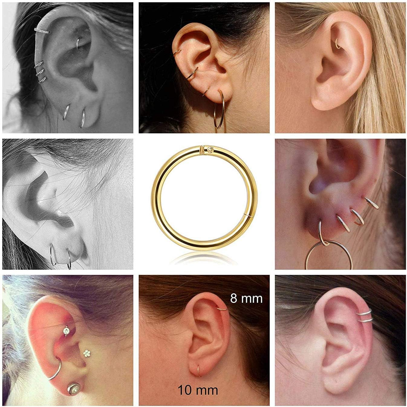 Kakonia 12 Pcs 6-16Mm Stainless Steel Cartilage Hoop Earrings for Women Girls Hypoallergenic Nose Ring Helix Lobes Hinged Sleeper Earrings Piercing Jewelry 16G Set image number 2