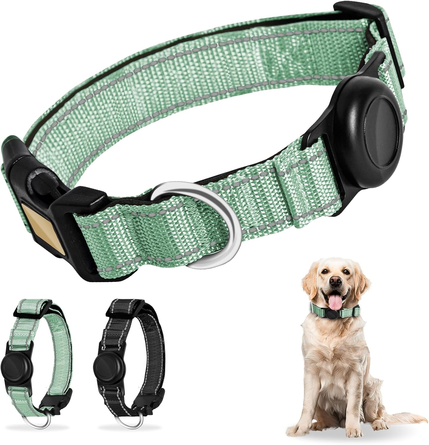 Enbluy Reflective Dog Collar, Soft Neoprene Padded Breathable Nylon Pet Collar Adjustable with Airtag Dog Waterproof Airtag Dog Collar Holder for Medium Large Dogs (Green, L)