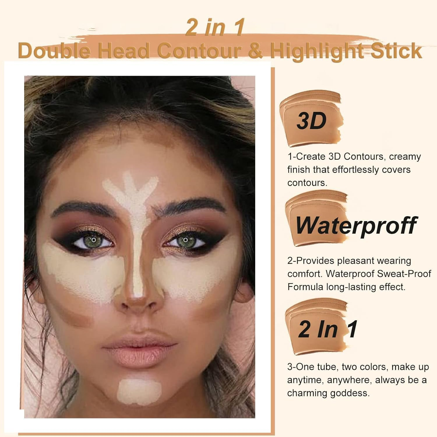 Dual Head Contour Stick, Natural Colors Concealer Highlighter Stick, 2 in 1 Double-Headed Cream Bronzer Contour Professional Waterproof Face Body Makeup (#01 Ivory+Dark Brown) image number 3