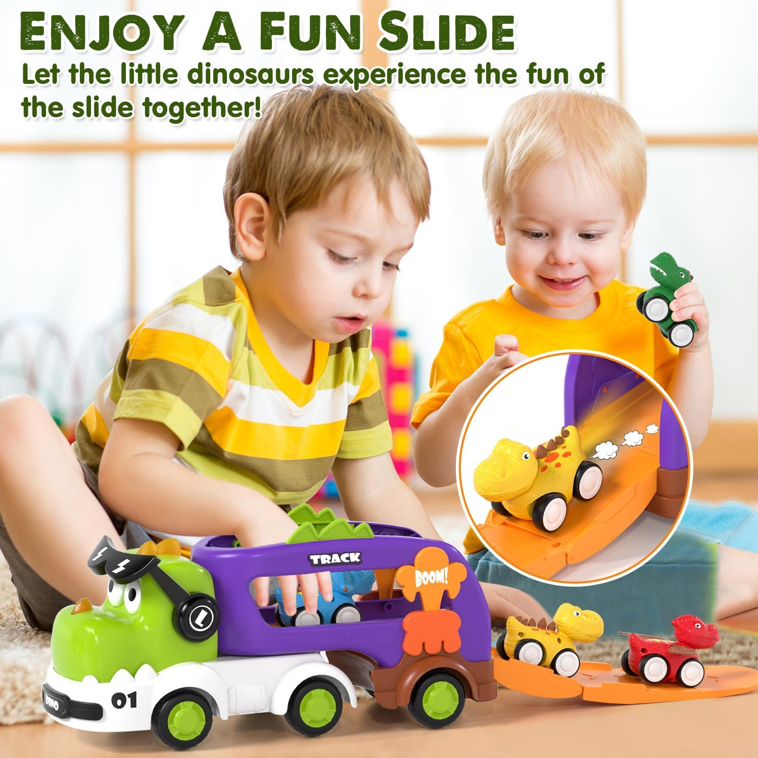 Lehoo Castle Dinosaur Toys for 2 Year Old Boys, 2 Year Old Boy Gifts, Monster Truck Toy Cars, 5 in 1 Friction Power Transport Vehicle Toys with Light and Sound 4 Pull Back Cars