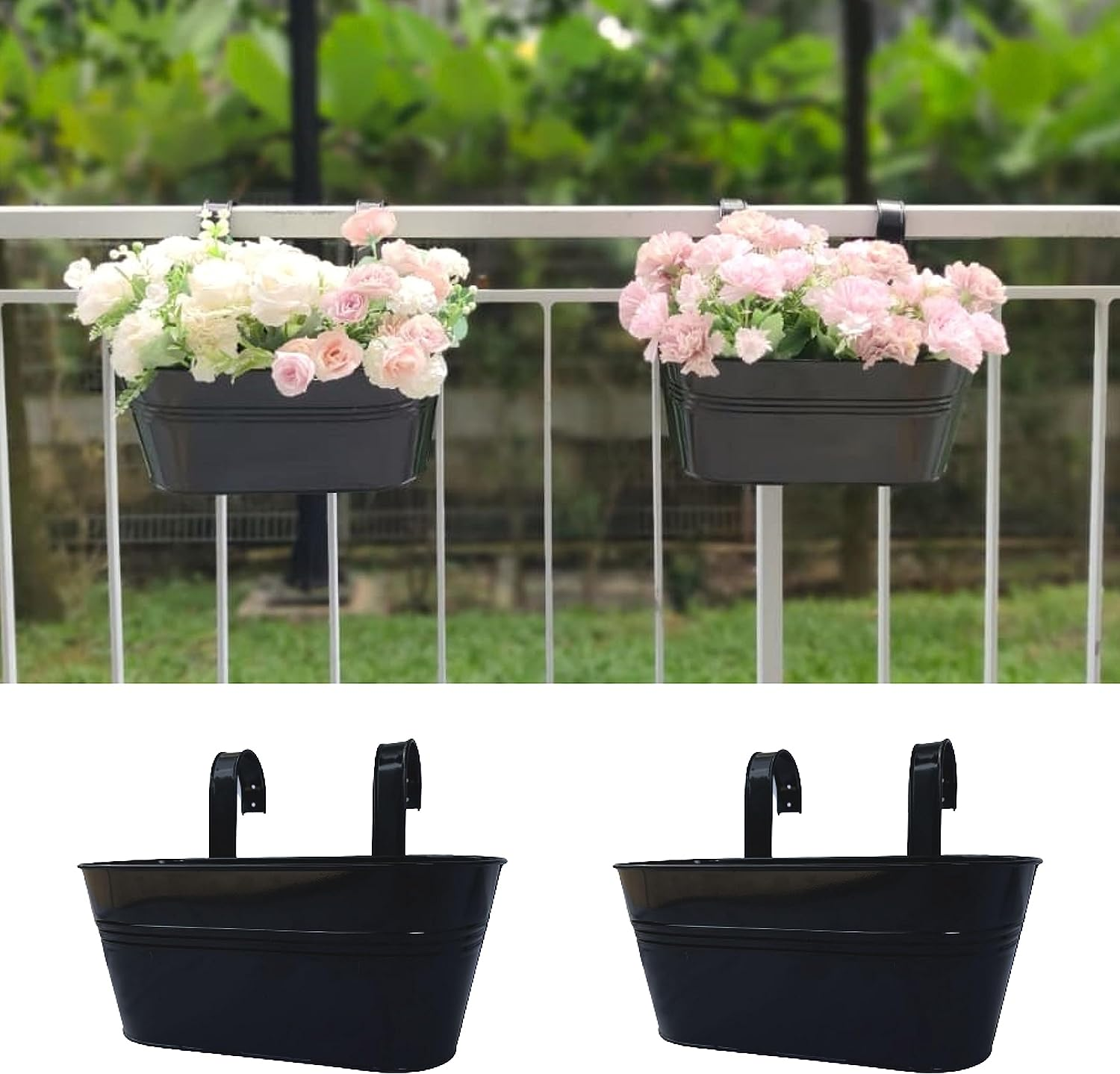 Lalagreen Railing Planter - 2 Pack, 11.2 Inch Black Metal Iron Hanging Flower Pots Deck Rail Fence Hanging Bucket Modern Countryside Style Window Box Plant Holder with Hooks for Outdoor Porch Decors image number 2