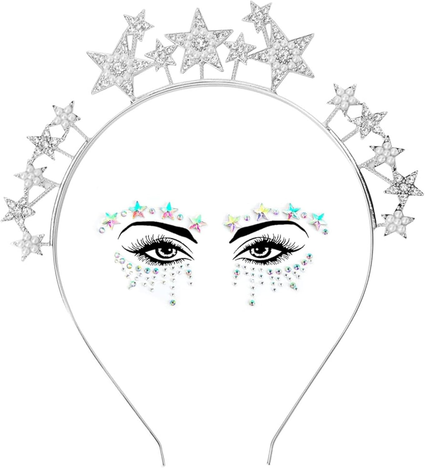 Silver Stars Headband, Stars Headband with Face Tattoo, Star Headpiece for Women and Girls, Glitter Hair Band, Temporary Tattoos Stickers, Glitter Hair Accessories for Carnival Party Halloween image number 3
