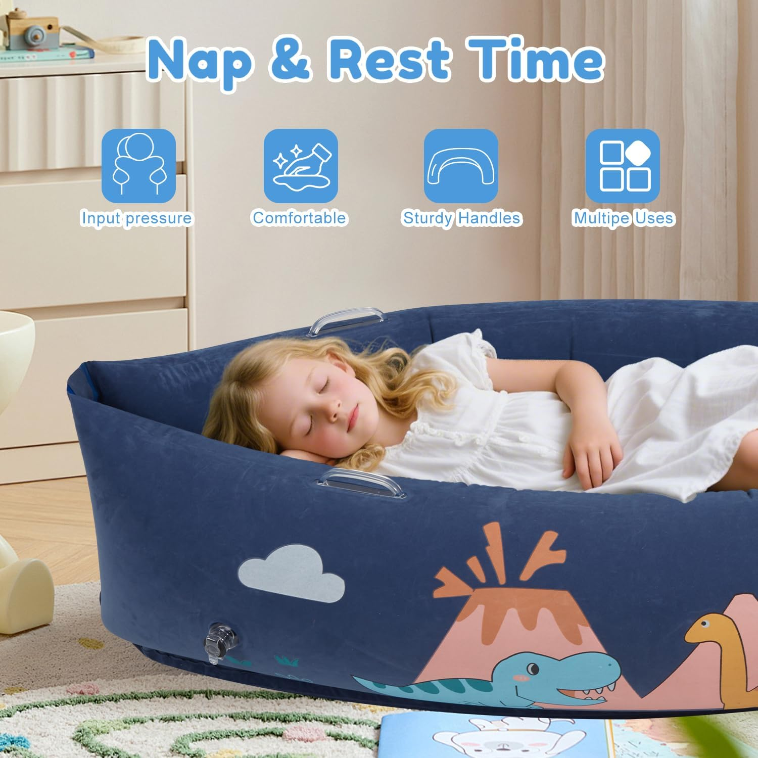 Sensory Chair for Kids, 60" Inflatable Sensory Peapod for Autistic Children, Includes Electric Pump & 3 Sensory Balls, Full Body Calming Pressure, Glow-In-Dark(Dinosaur) image number 4