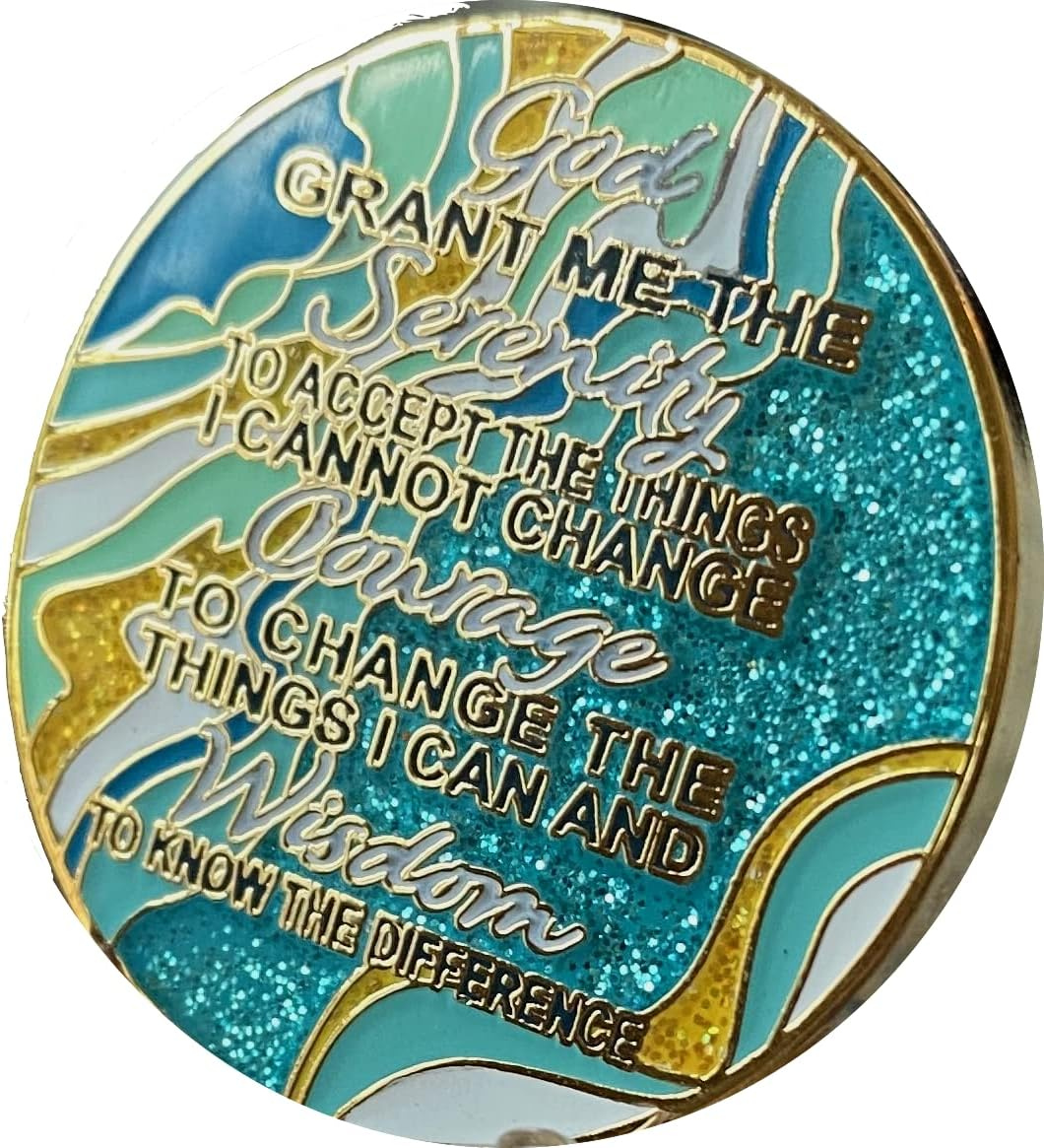 5 Year AA Medallion Elegant Marble Caribbean Aqua Glitter Blue Gold Plated Chip