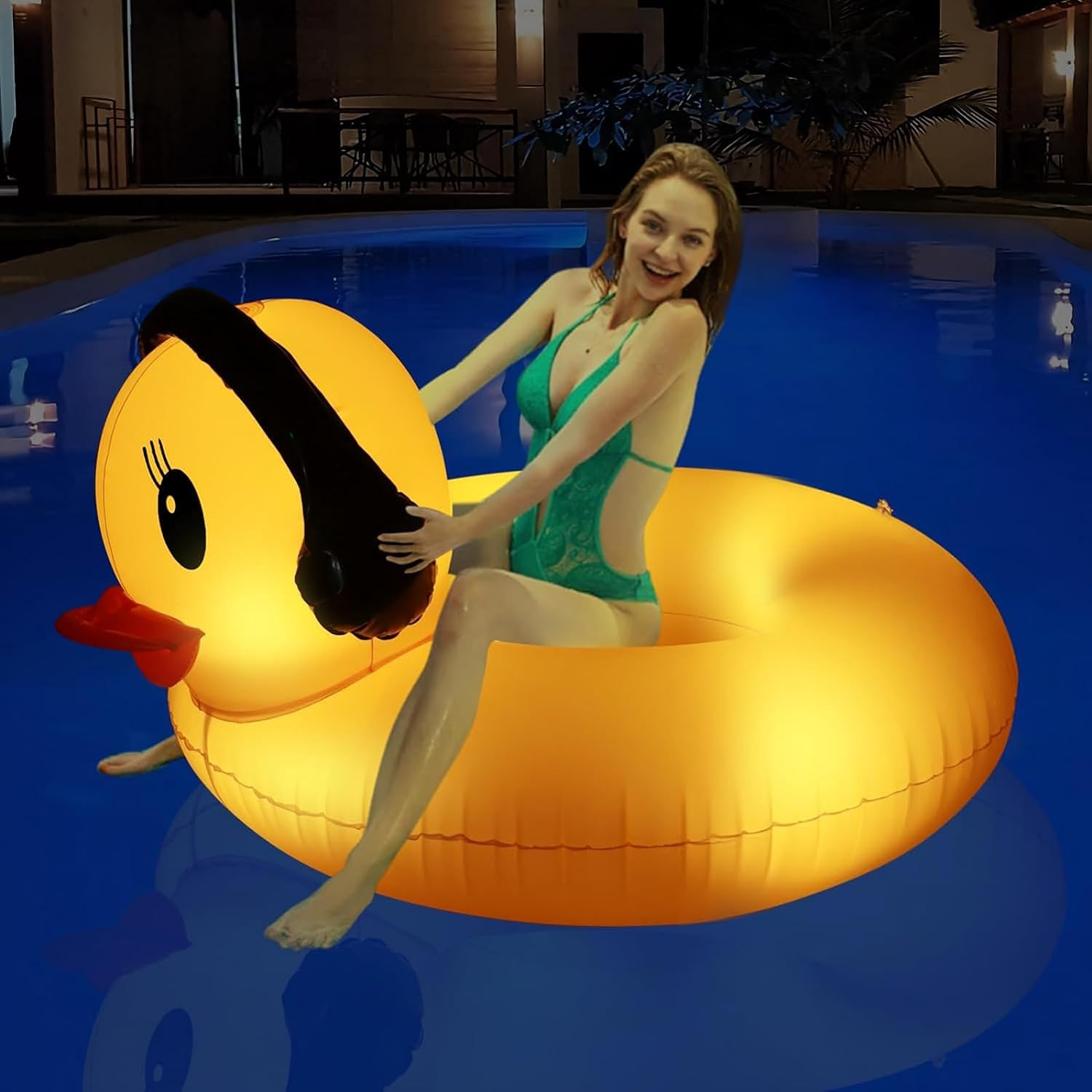 Inflatable Duck Pool Float with Lights, Solar Powered Pool Inflatables Duck Floaties for Adults Kids, 44" Large Animal Swim Tube Ring Pool Float with Fast Valves Summer Beach Pool Lounge