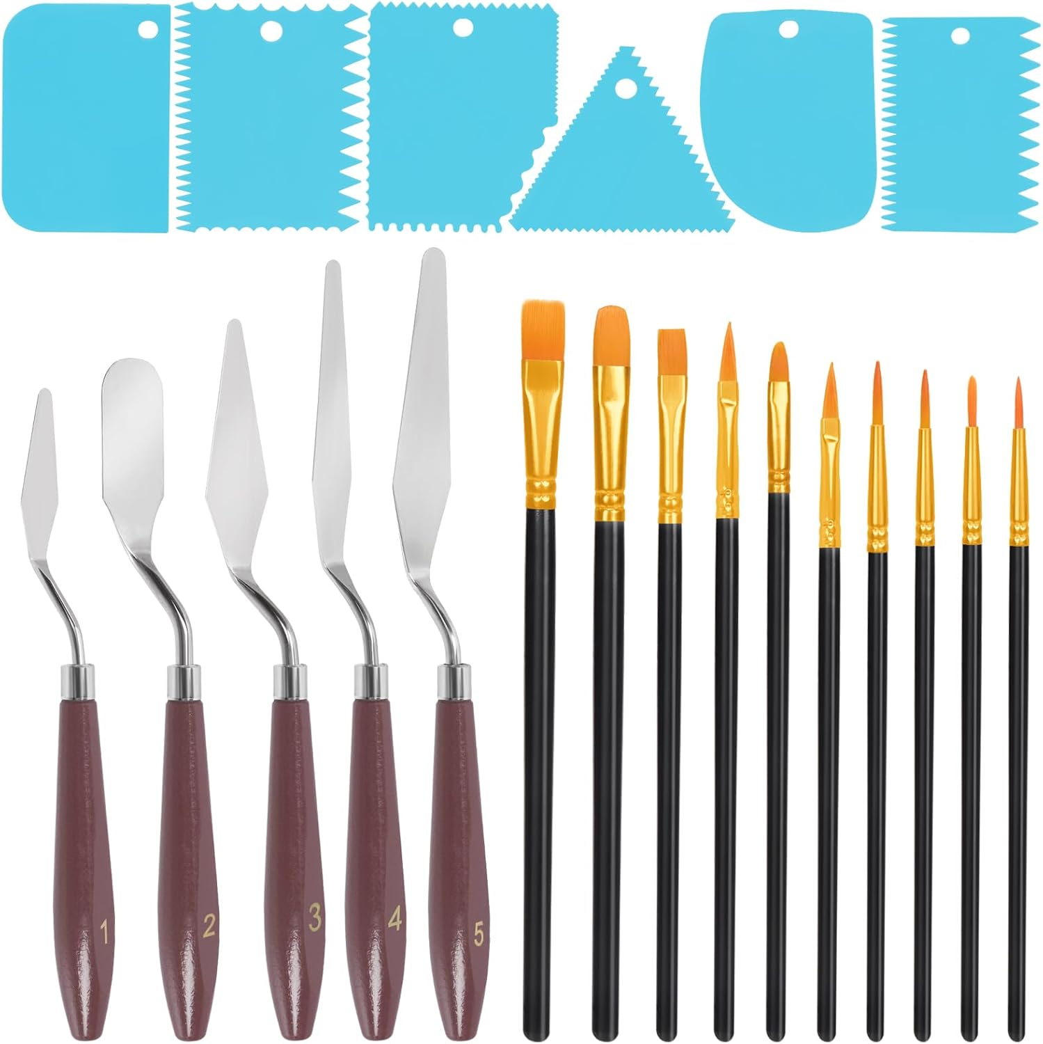 Rustark 21Pcs Purple Palette Knife Paint Scraper Set Includes 5Pcs Stainless Steel Palette Knives with 6Pcs Plastic Scrapers 10Pcs Hair and Bristle Brush Spatula Drawing Tool for Art Craft Painting