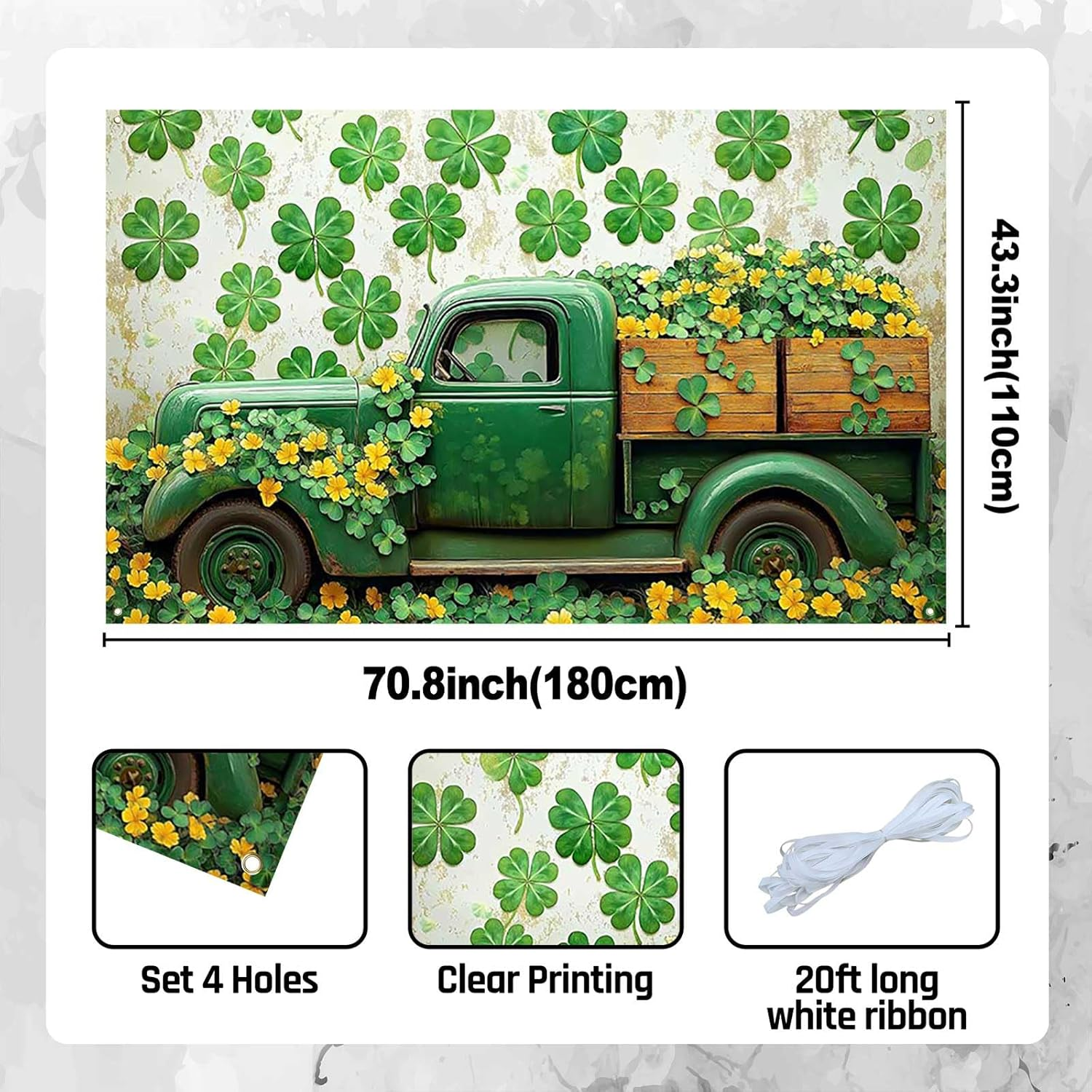 Aperturee St. Patrick&rsquo;S Day Banner - 70.8X43.3 Inch, Green Vintage Truck and Clover Backdrop, Lucky Shamrock Decoration Photo Booth Props Photography Background image number 2