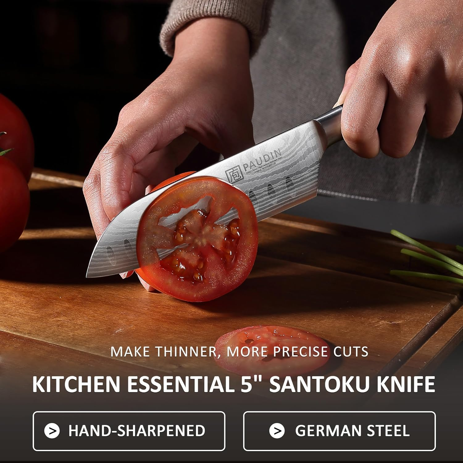 PAUDIN 5 Inch Santoku Knife, Ultra Sharp High Carbon German Stainless Steel Blade with Ergonomic Handle, Professional Kitchen Knife for Cutting Vegetables,Fruits and Meat image number 4