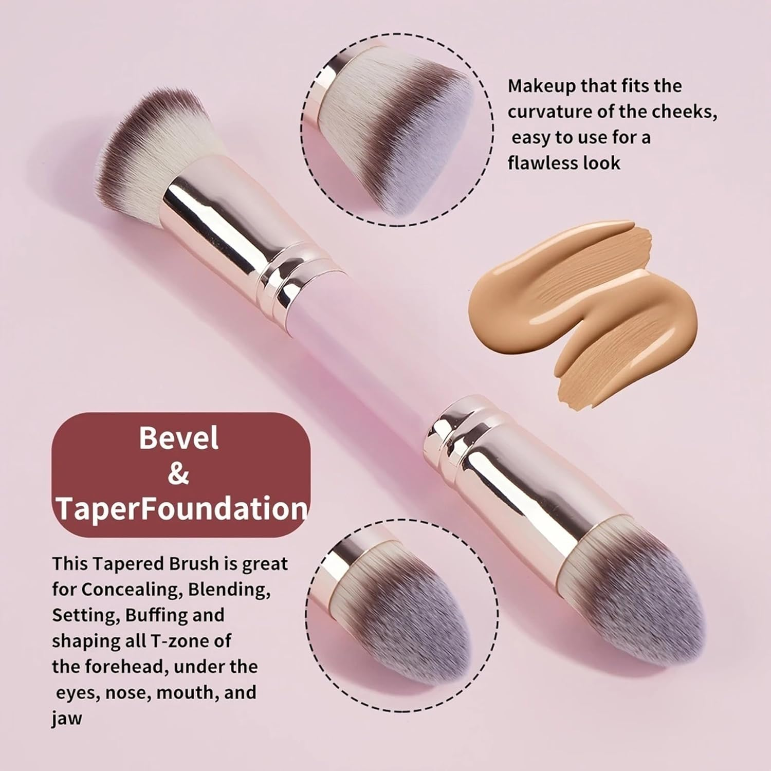 FLYTIN 5 Piece Double Head Makeup Brush Set - Foundation & Angled Concealer Brush for Flawless Base, Cream & Liquid Products, Professional Cosmetic Brushes for Perfect Blending (Gold) - Pink image number 6