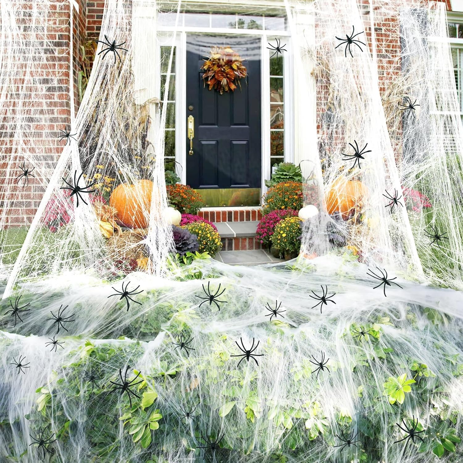 1500 Sqft Spider Webs Decorations, Super Stretchy Webbing with 150 Fake Spiders, Halloween Stretch Cobwebs for Outdoor & Indoor Yard Decor, Haunted Houses Prop Party Supplies image number 2