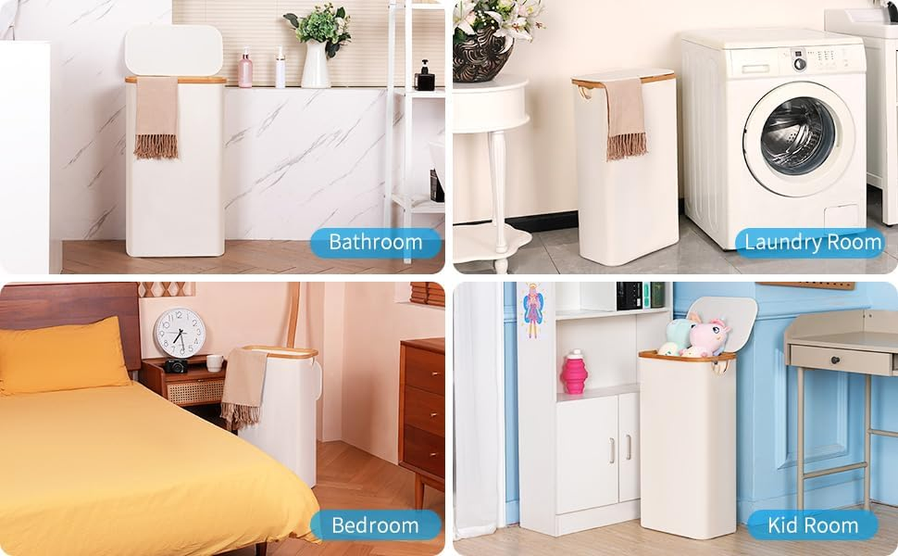 Efluky Slim Laundry Basket with Lid, Tall Narrow Washing Basket for Laundry, Folding Small Slimline Laundry Baskets for Dirty Clothes, 63L Cloth Storage Basket Beige image number 5