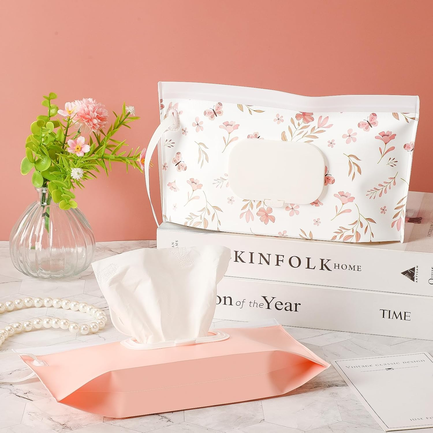 FEBSNOW 2 Pack Baby Wipes Dispenser Holder, Portable Refillable Baby Wet Wipes Pouch Container Reusable Travel Case for Outdoor Hiking, Pink Flower - Beige image number 2