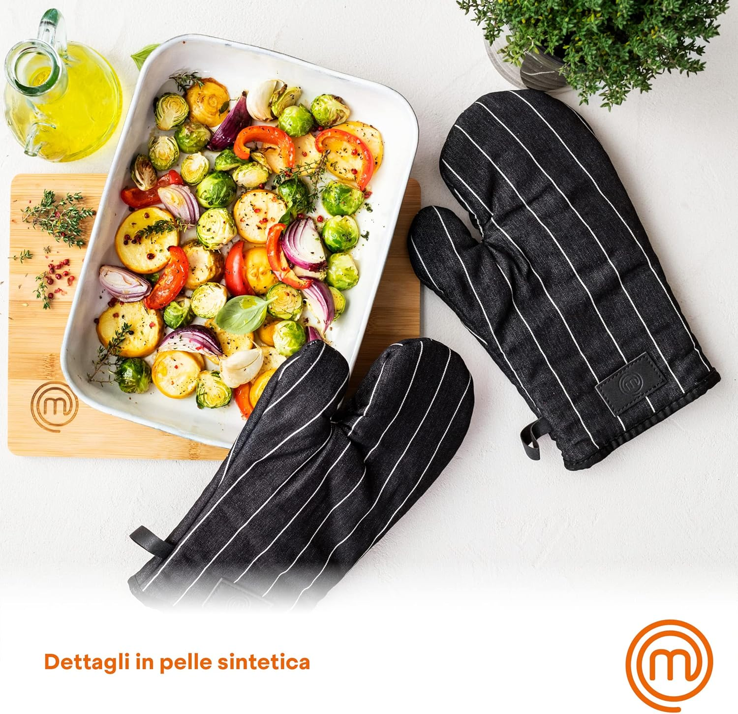 Masterchef Oven Mitts Heat Resistant, Pair of 2 Cooking Gloves, Cotton Oven Mittens, Kitchen Gloves with Vegan PU Leather Logo & Hanging Loop, Machine Washable, Black, One Size Fits All