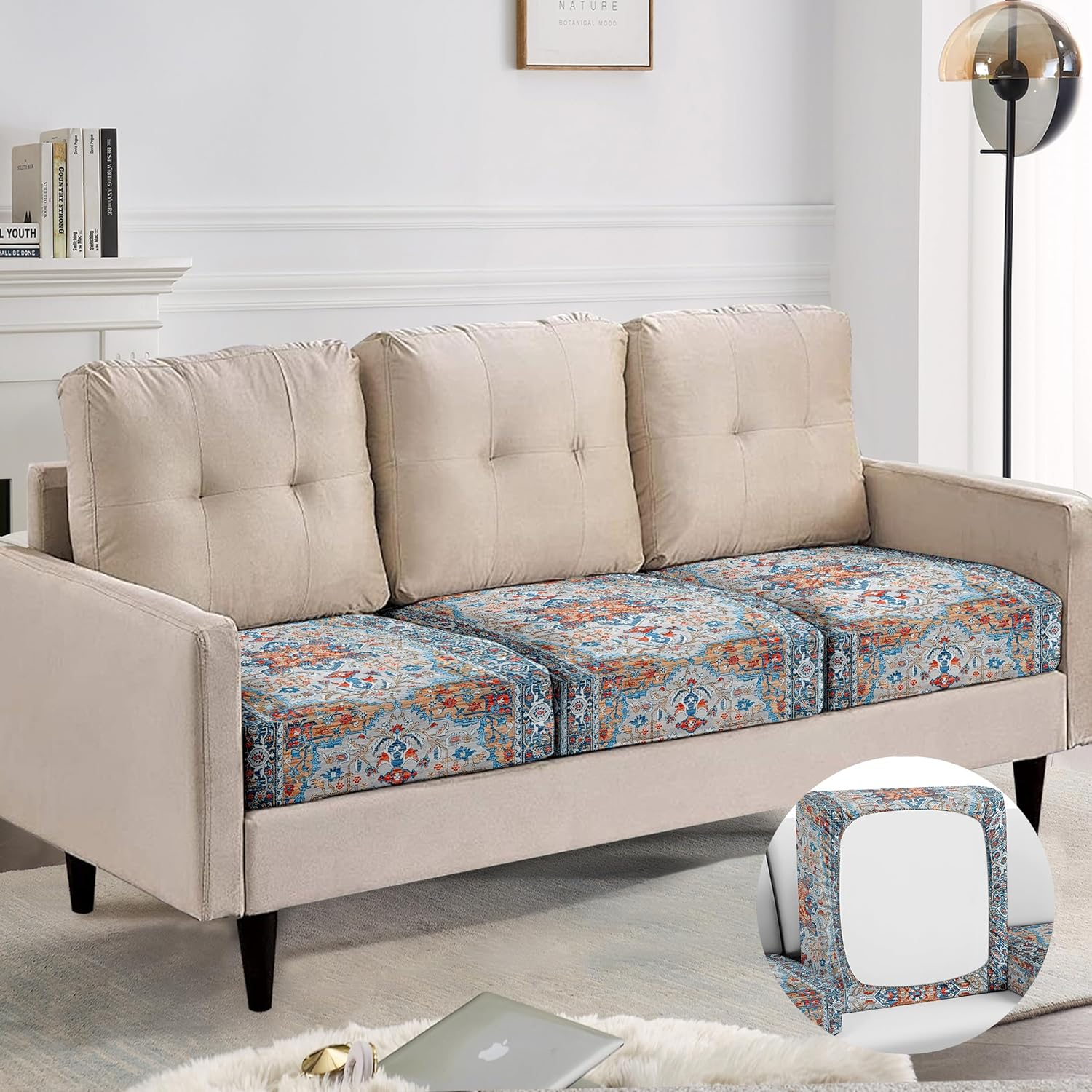 SZXYCZL 3PCS Boho Printed Sofa Cushion Covers, Cute Carpet Pattern Printed Washable Elastic Couch Cover, Indoor and Outdoor Sofa Cover-Dark Blue