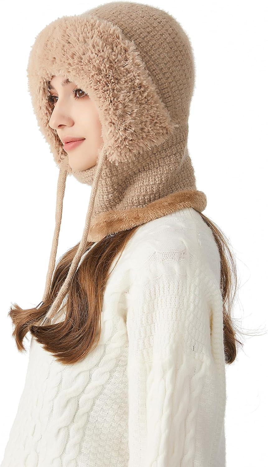 KEOYA Women'S Knit One-Piece Hat with Scarf Elastic Face Mask Fleece Balaclava with Drawstring Winter Warm Ski Beanie Cap image number 3