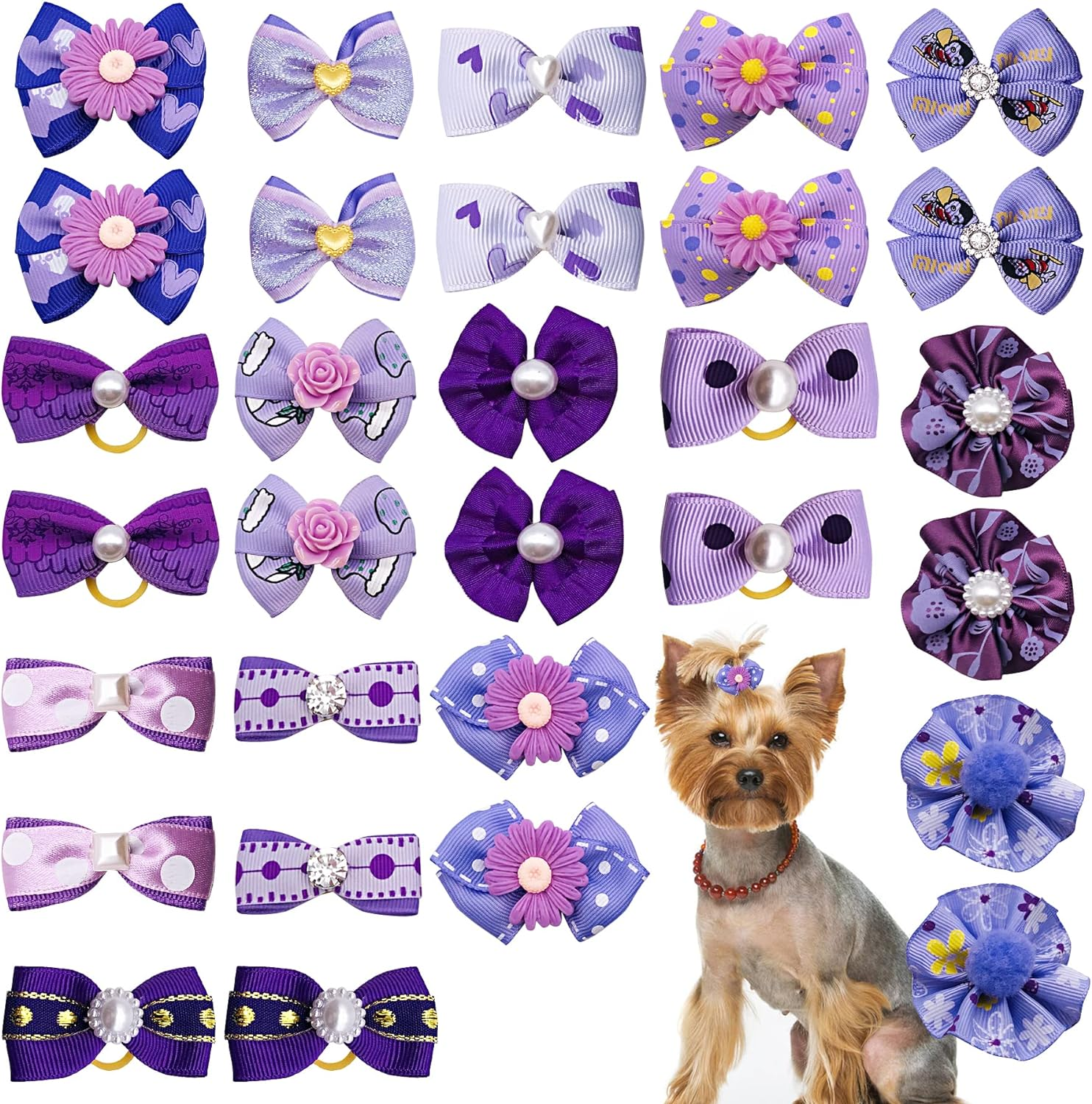 30PCS/15PAIRS Purple Dog Hair Bows with Rubber Bands Puppy Hair Bowknot Top Knot Elastic for Girl Female Doggy Cat Rabbit Poodle Pet Animal Grooming Accessories Attachment&hellip; - Blue image number 4