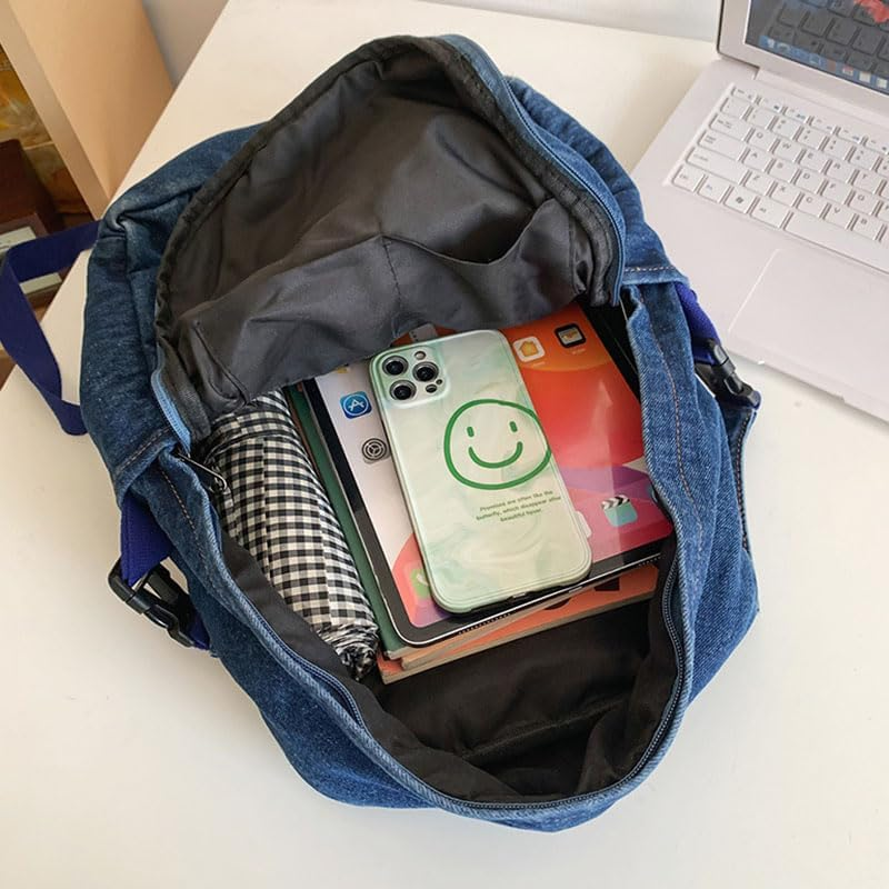 Generic Classic Retro Denim Backpack Aesthetic Shoulder Bag Lightweight Daypack Casual Jeans Backpack for College - Black image number 2