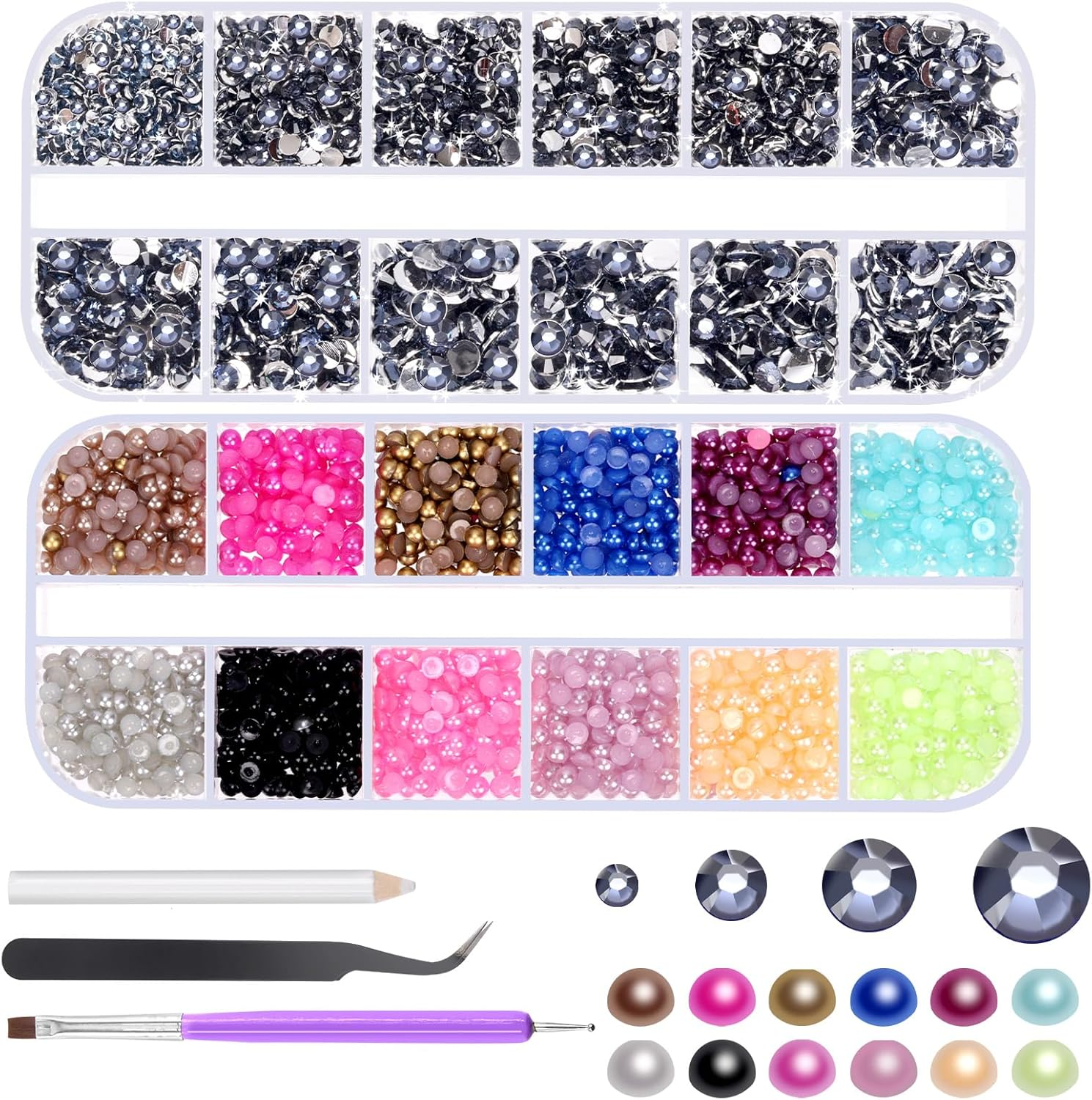 Glarks 4403Pcs Rhinestone Gems and Flat Back Pearl Set, 2MM 3MM 4MM 5MM Clear-White Flat Back Gems Crystal Rhinestones, 3MM Flatback Pearl Half Pearl Half round Flat Back Pearl with 3Pcs Tools