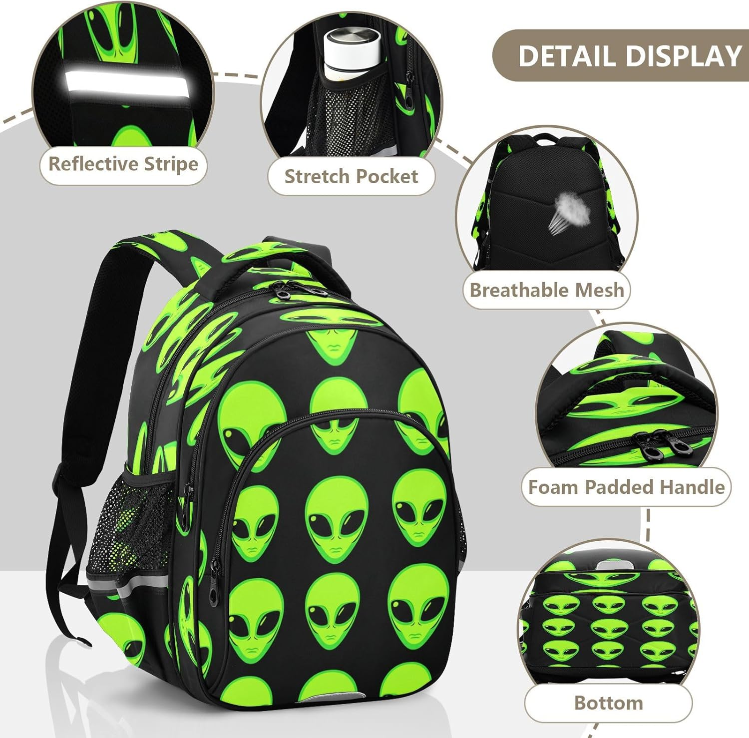 Green Aliens Black Kids School Backpack for Boys Girls Ages 8-14, Backpack for Boys Elementary School image number 4