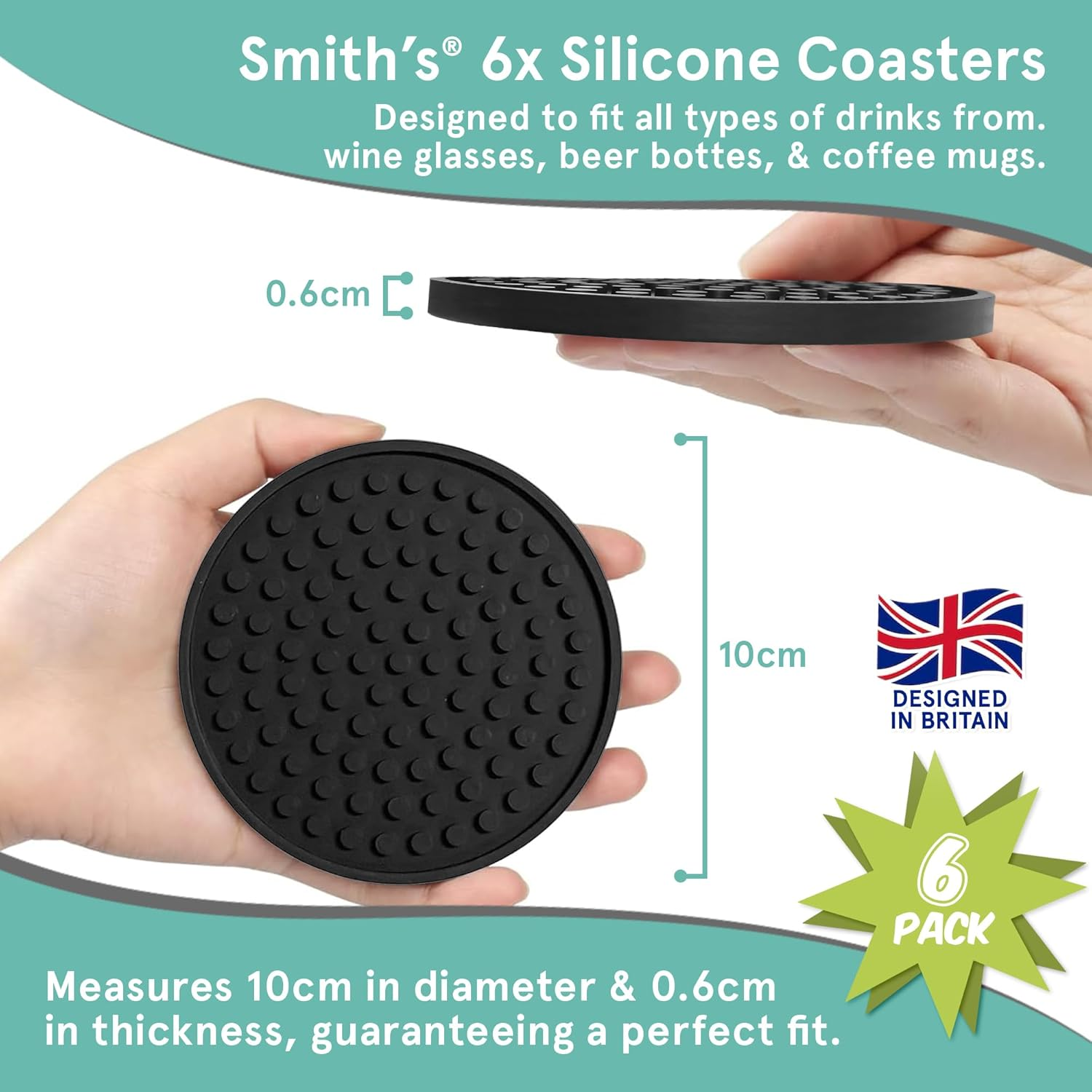 Smith&rsquo;S&reg; Black Matte round Silicone Rubber Drink Coasters (Set of 6) | 9.4Cm Diameter | Non-Slip | Water Catching Technology | Perfect for Homes & Bars! image number 2