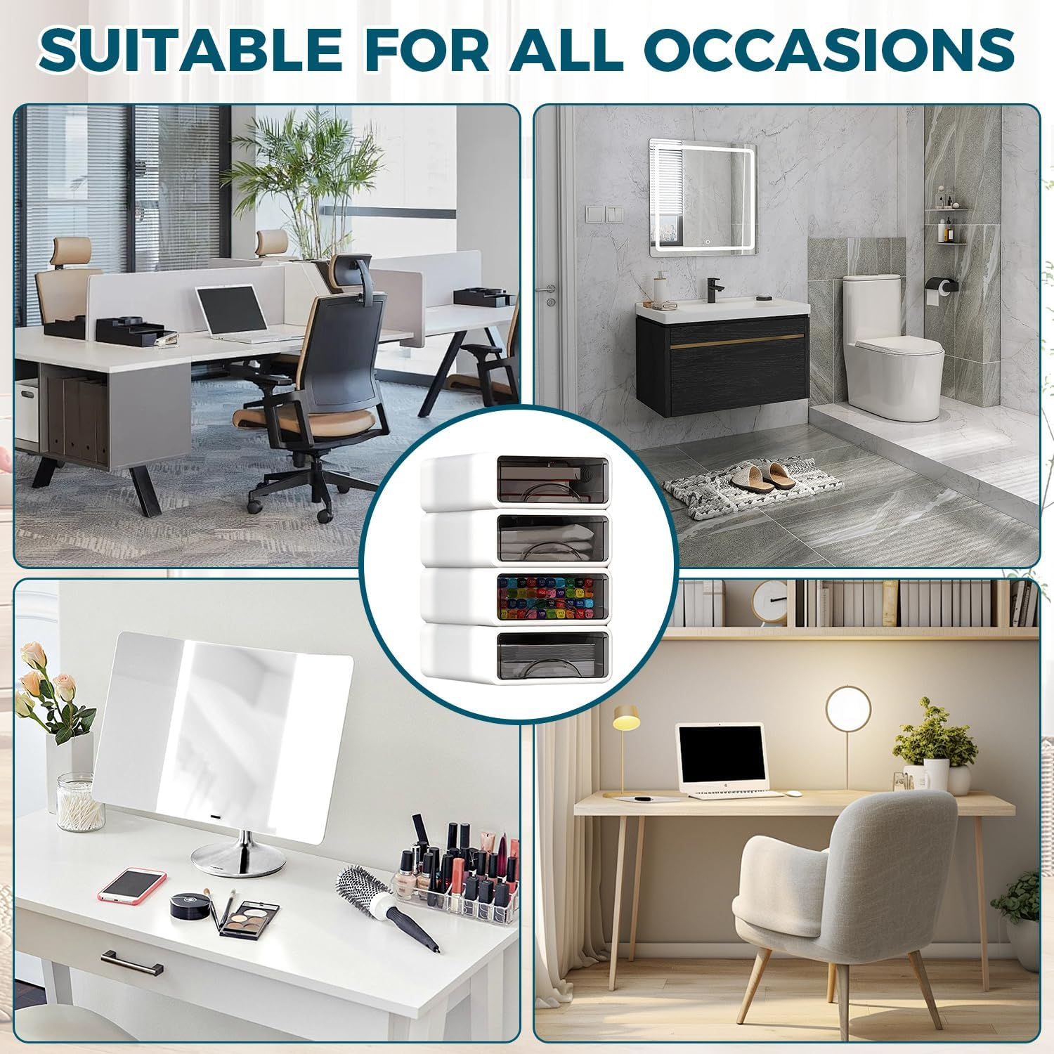 DAWNTREES Stackable Office Storage Box with Drawers｜ Desk Storage Box with 4 Drawers｜Organize Desk Accessories Plastic Desktop Storage Box，Desk Accessories (4S)