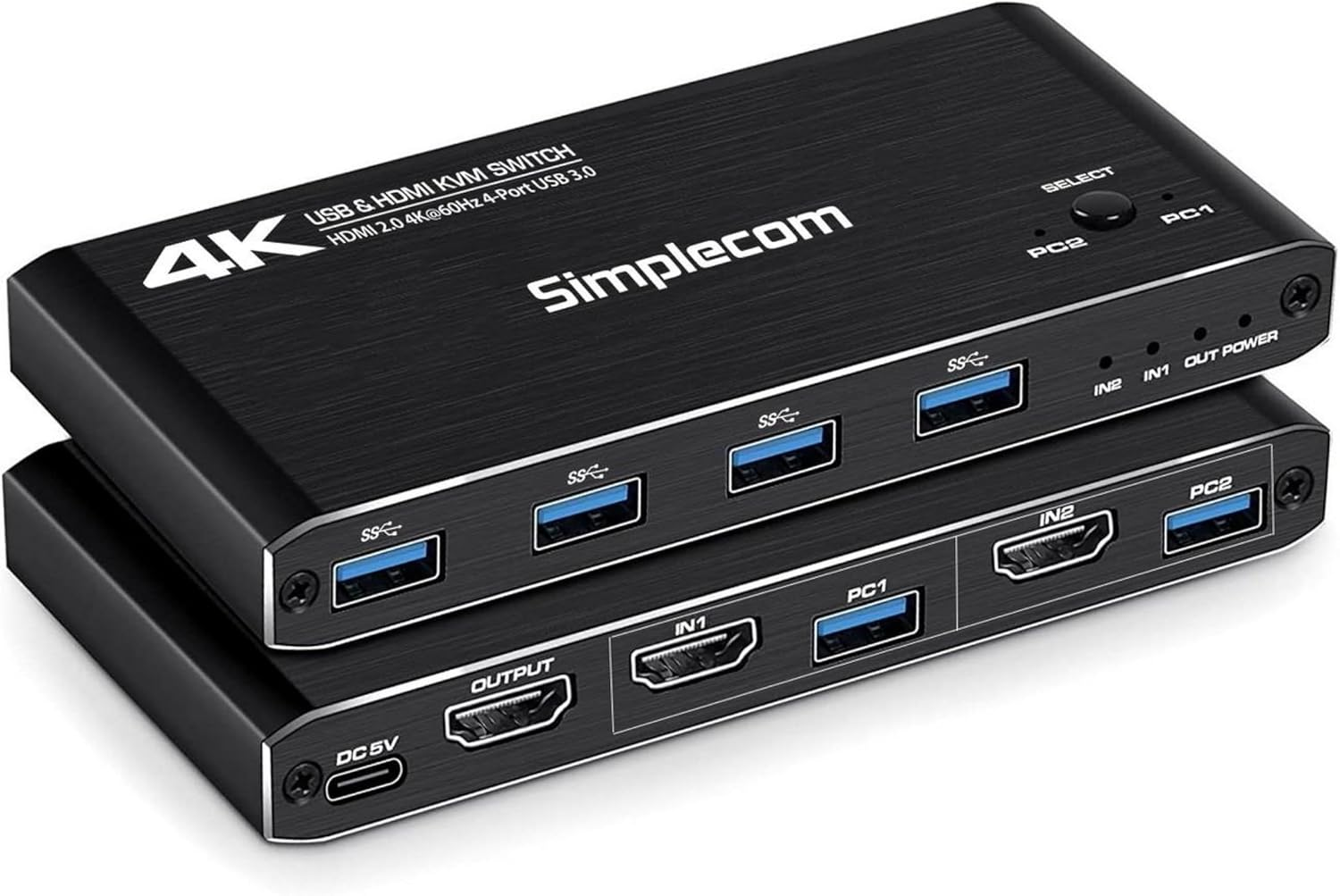 Simplecom KM420 2-Port HDMI KVM Switch HDMI 2.0 4K@60Hz 4-Port USB 3.0 Hub 5Gbps